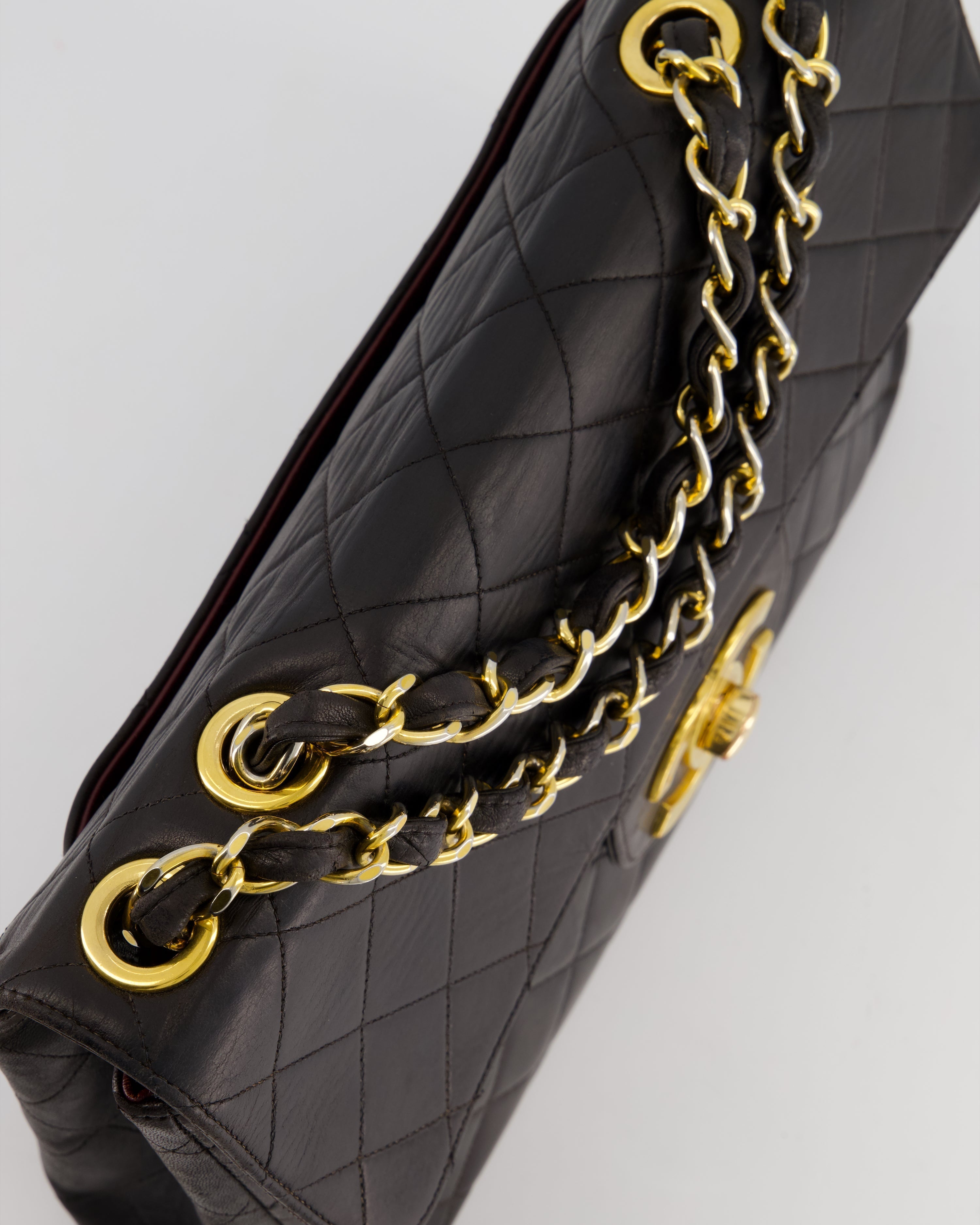Chanel Black Vintage Maxi Mademoiselle Single Flap Bag in Lambskin with 24K Gold Hardware