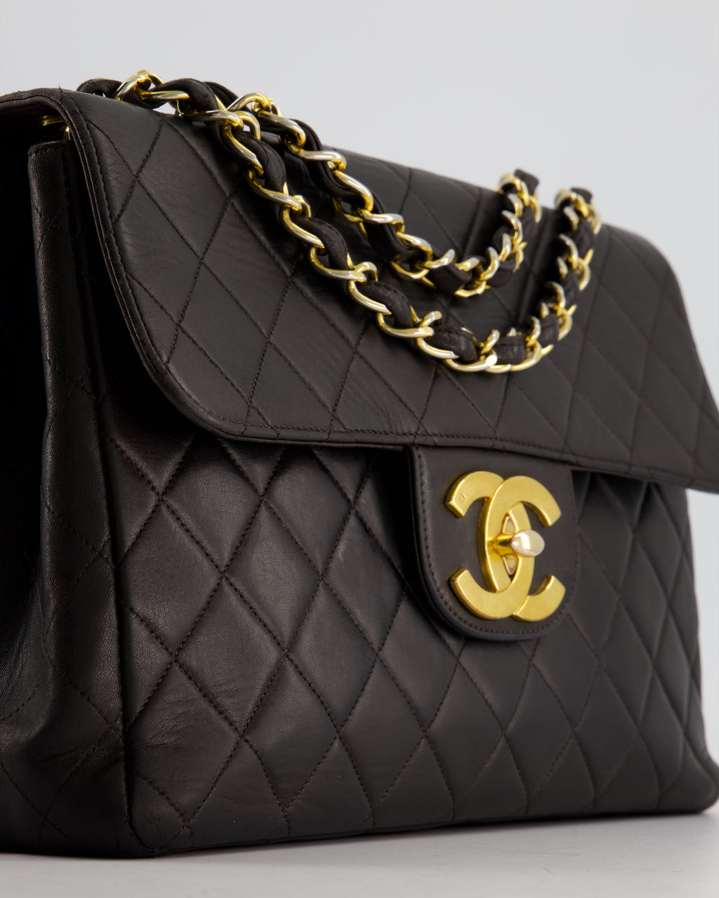 Chanel Black Vintage Maxi Mademoiselle Single Flap Bag in Lambskin with 24K Gold Hardware