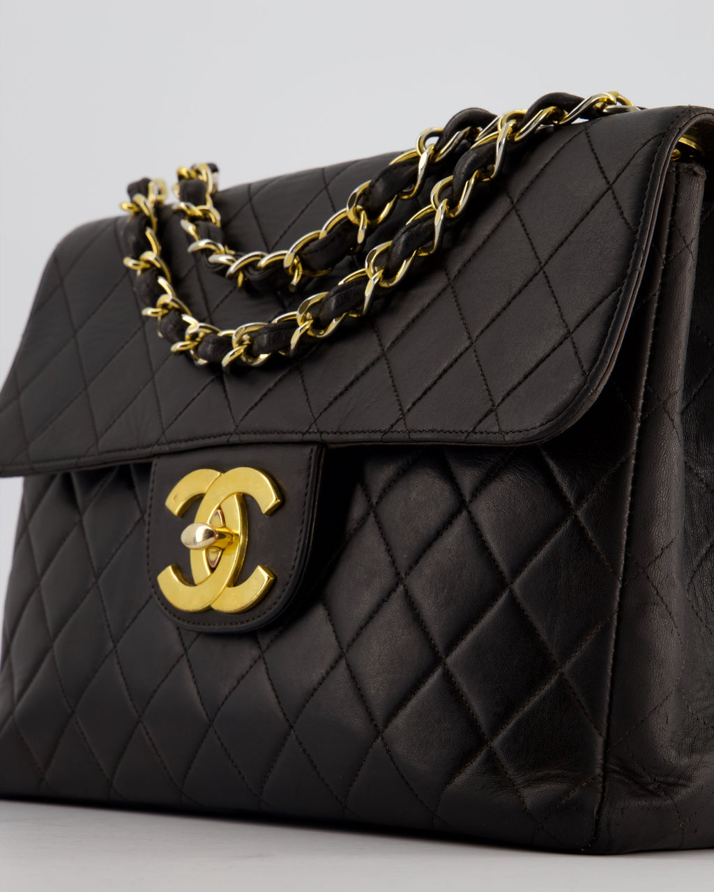 Chanel Black Vintage Maxi Mademoiselle Single Flap Bag in Lambskin with 24K Gold Hardware