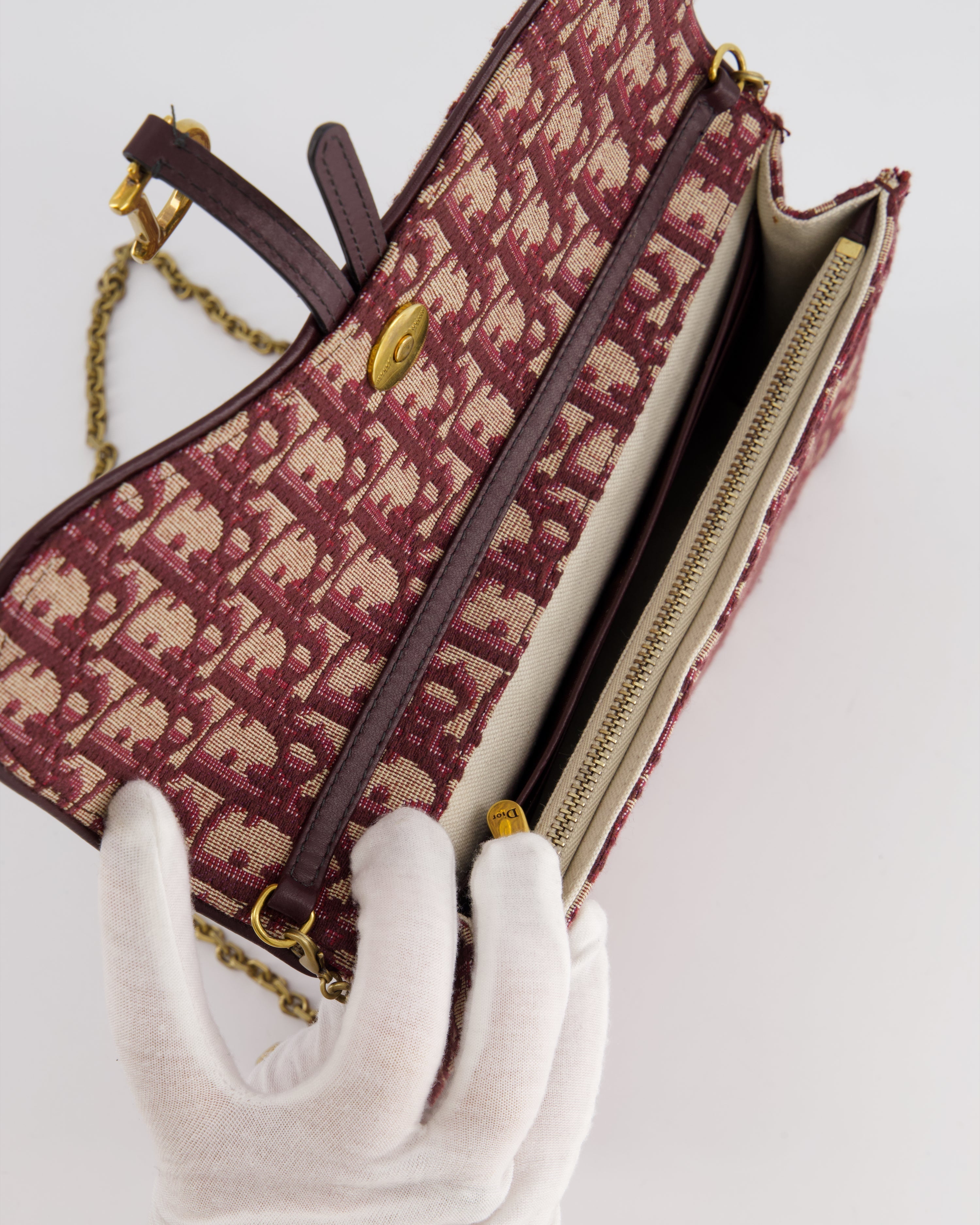 Christian Dior Burgundy Oblique Saddle Pouch with Gold Hardware