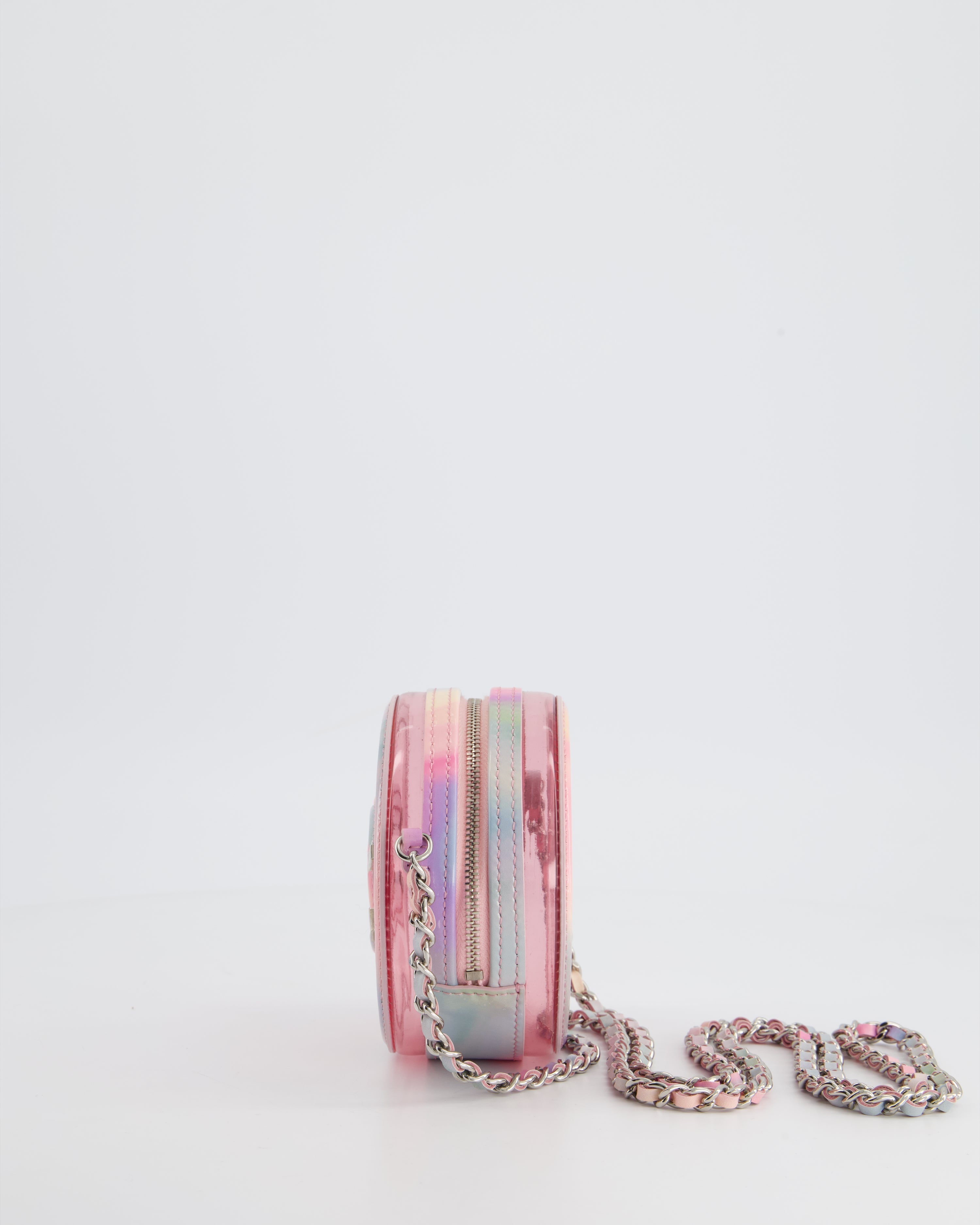 Chanel Rainbow Pink Filigree PVC CC Mini Round Crossbody Bag with Silver Hardware