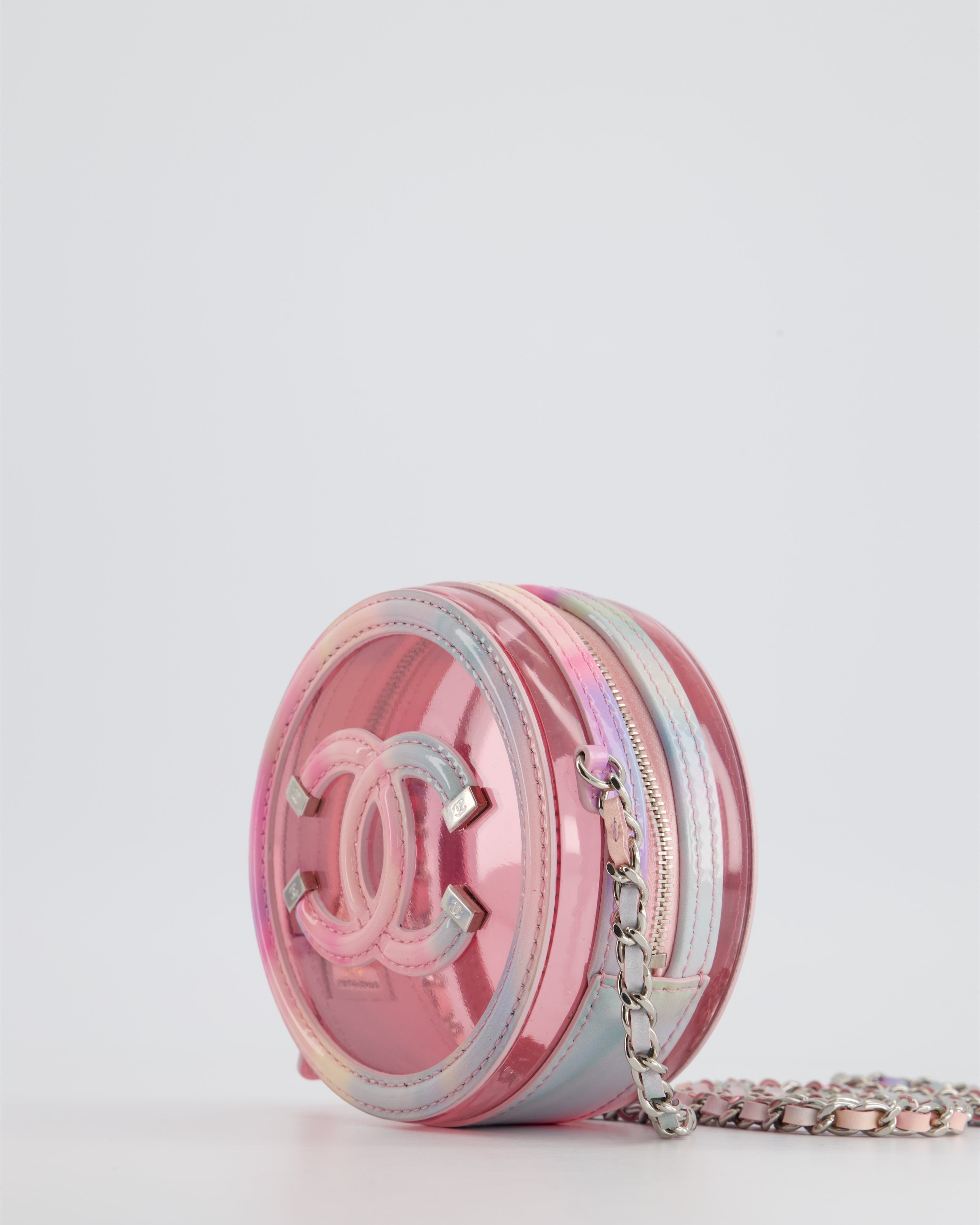 Chanel Rainbow Pink Filigree PVC CC Mini Round Crossbody Bag with Silver Hardware