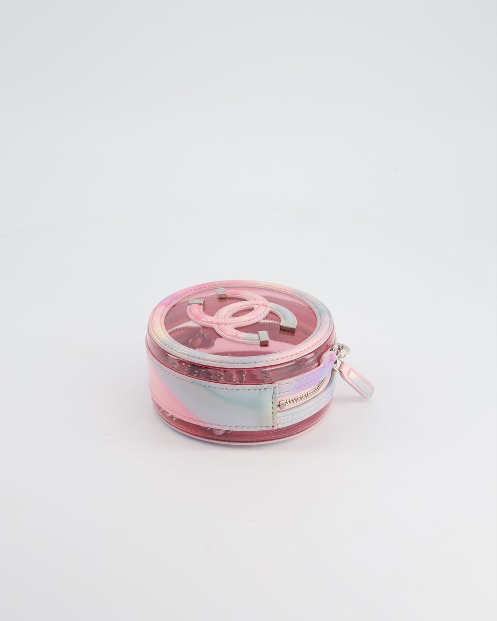 Chanel Rainbow Pink Filigree PVC CC Mini Round Crossbody Bag with Silver Hardware