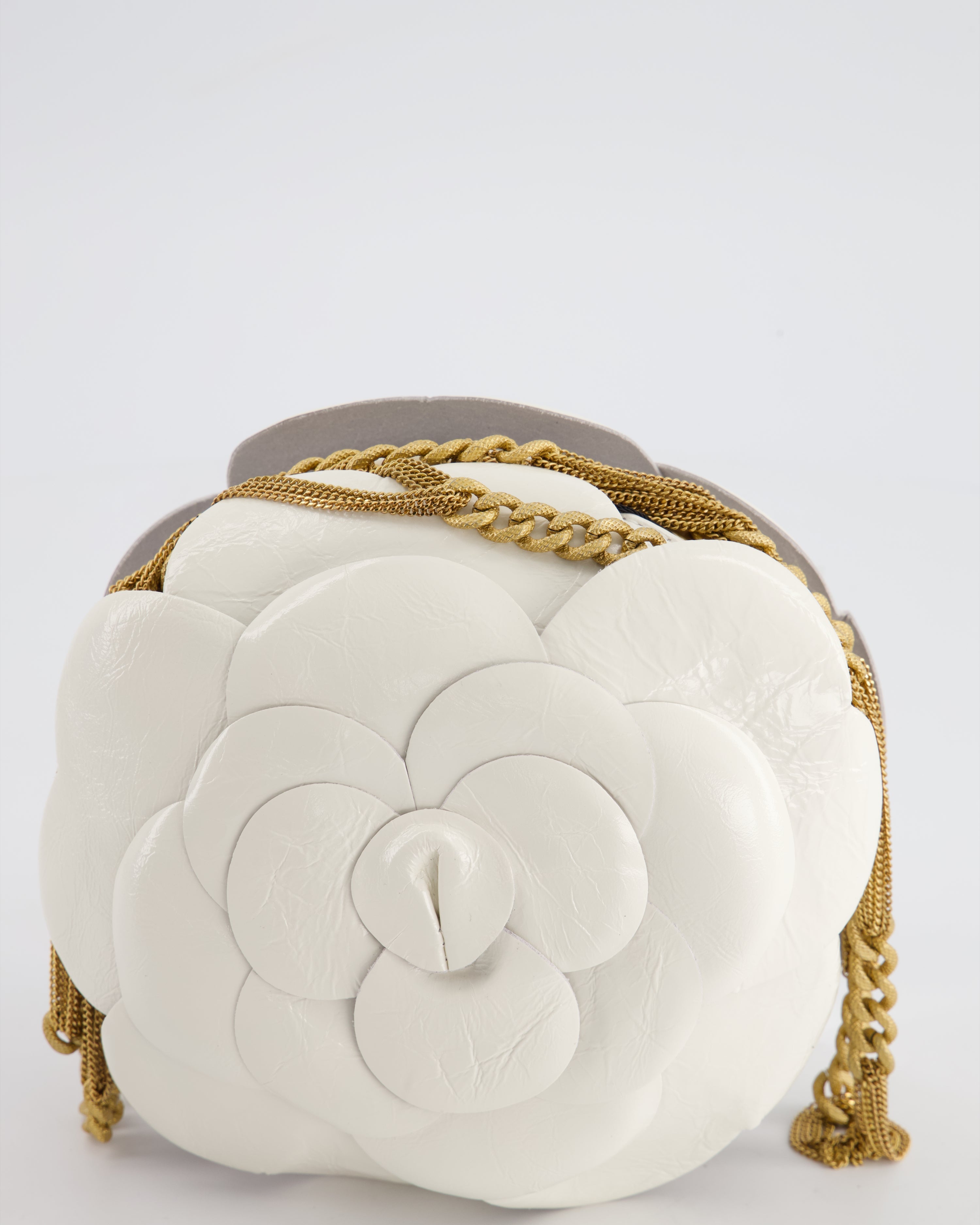 Chanel 23K White Camelia Evening Round Bag with Gold Hardware and CC Detail