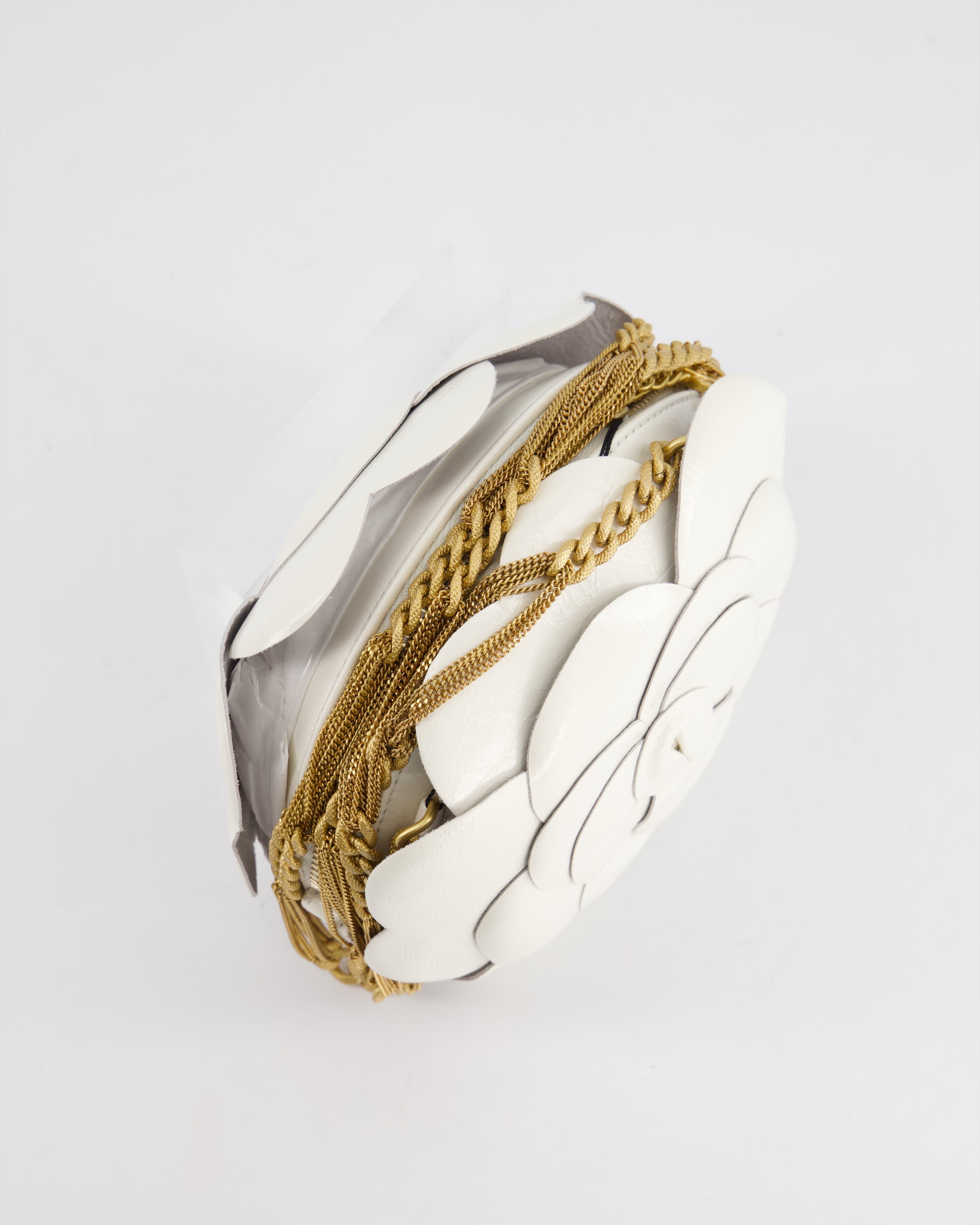 Chanel 23K White Camelia Evening Round Bag with Gold Hardware and CC Detail