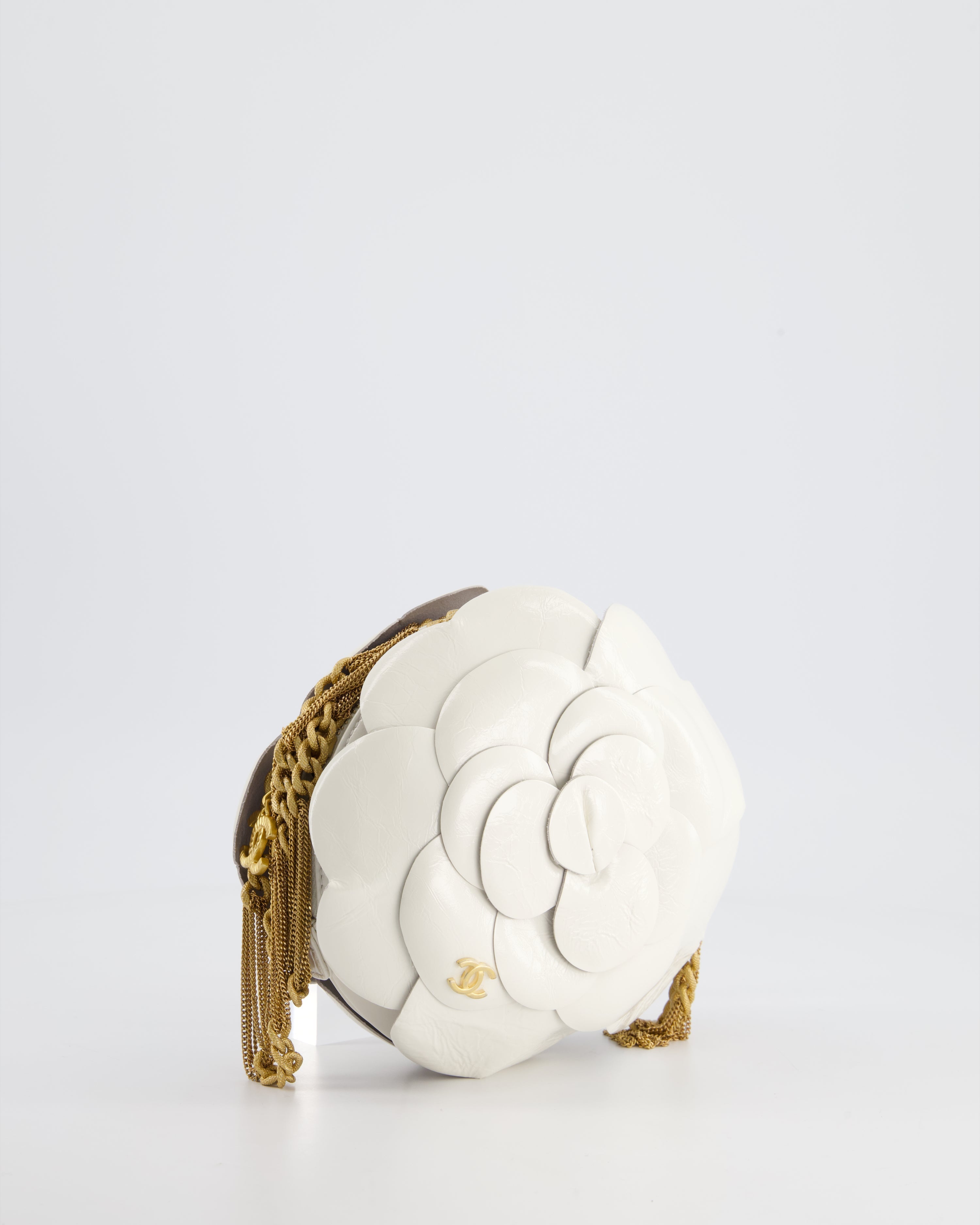 Chanel 23K White Camelia Evening Round Bag with Gold Hardware and CC Detail