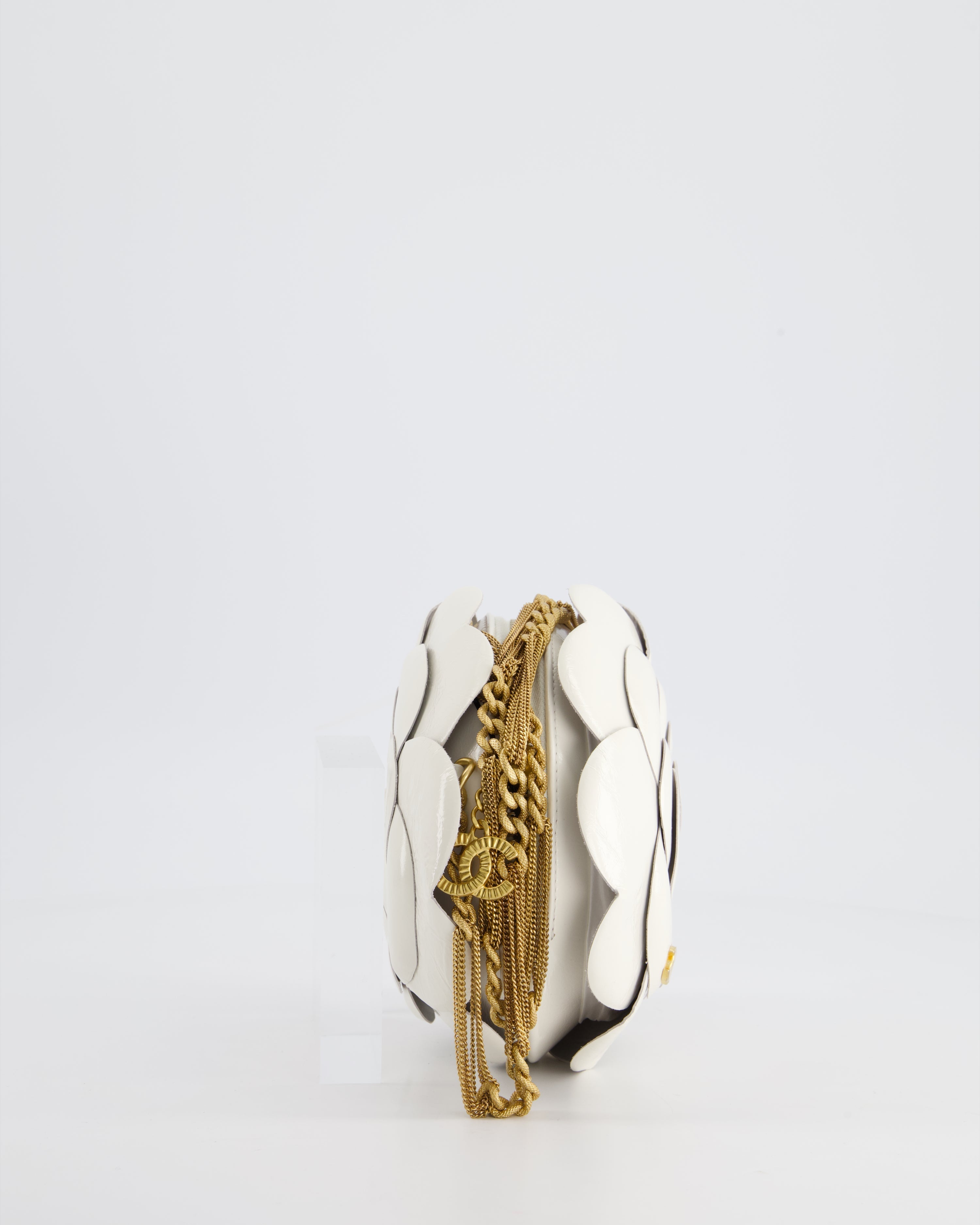 Chanel 23K White Camelia Evening Round Bag with Gold Hardware and CC Detail