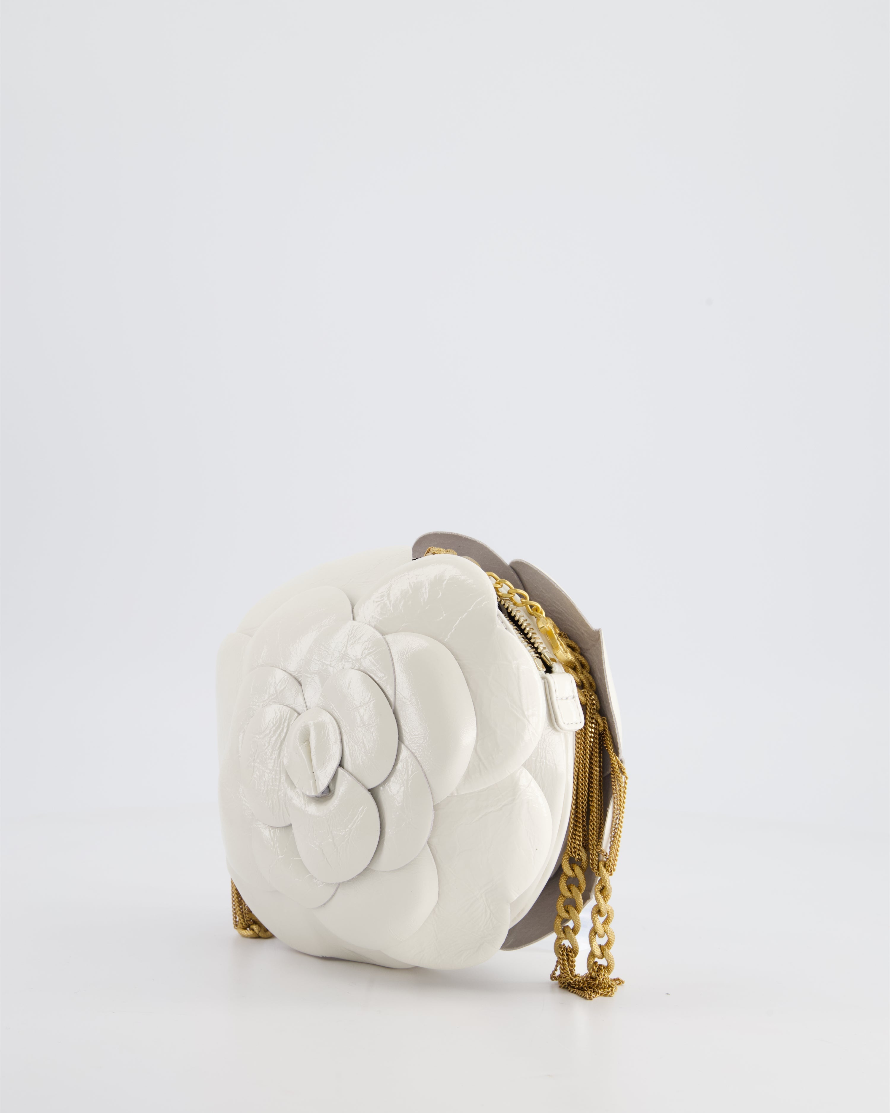 Chanel 23K White Camelia Evening Round Bag with Gold Hardware and CC Detail