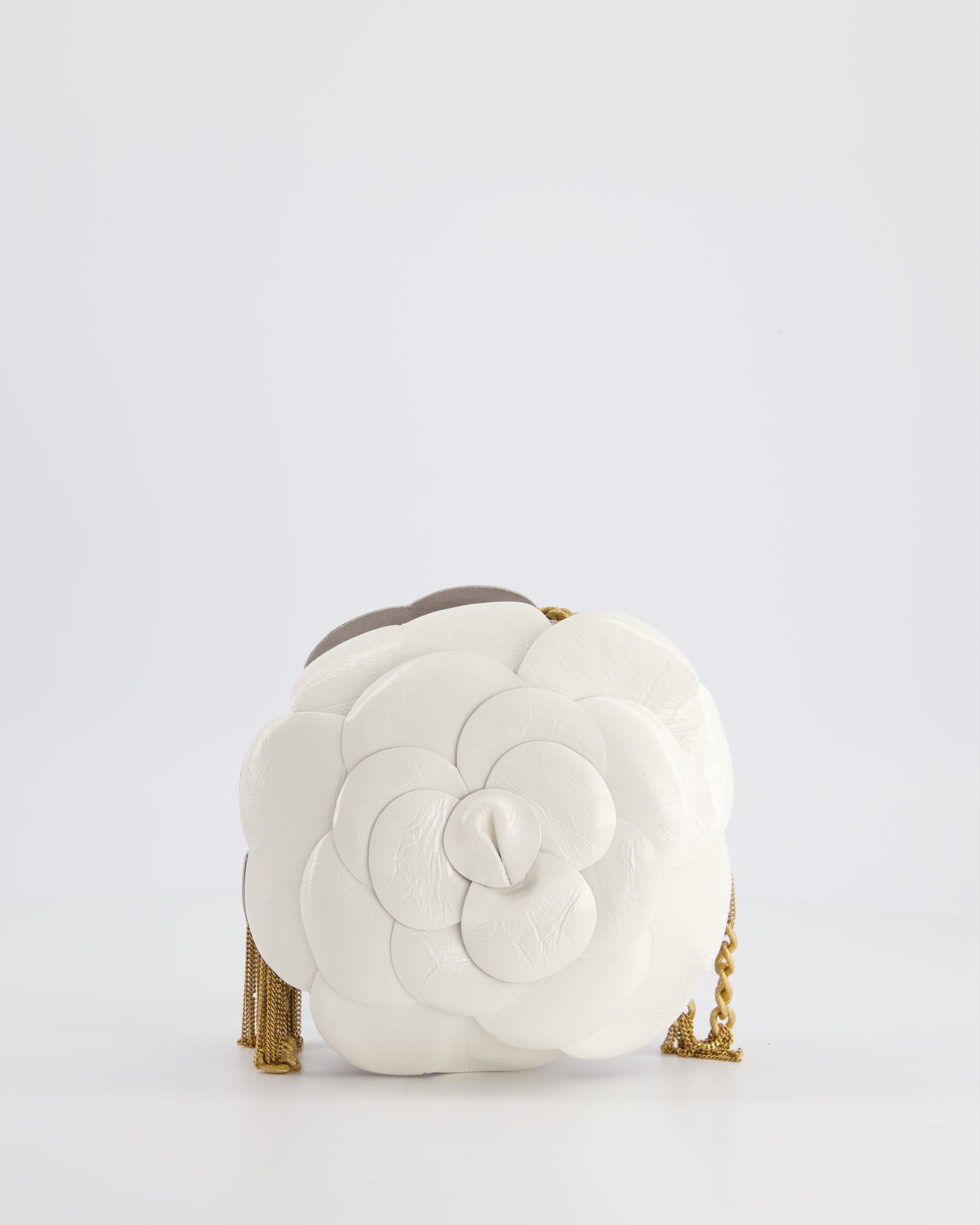 Chanel 23K White Camelia Evening Round Bag with Gold Hardware and CC Detail