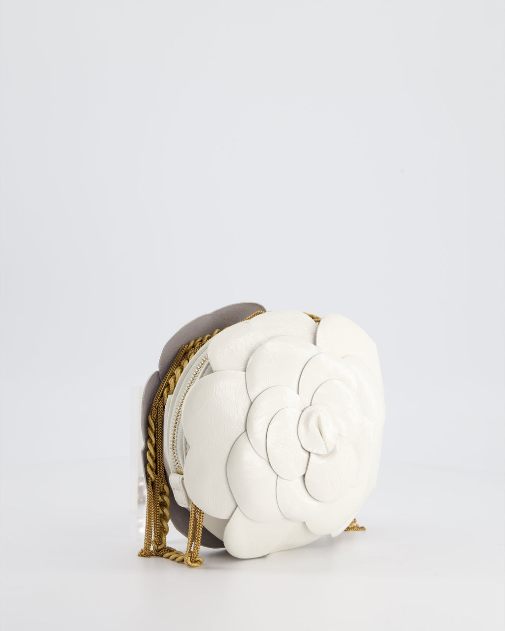 Chanel 23K White Camelia Evening Round Bag with Gold Hardware and CC Detail