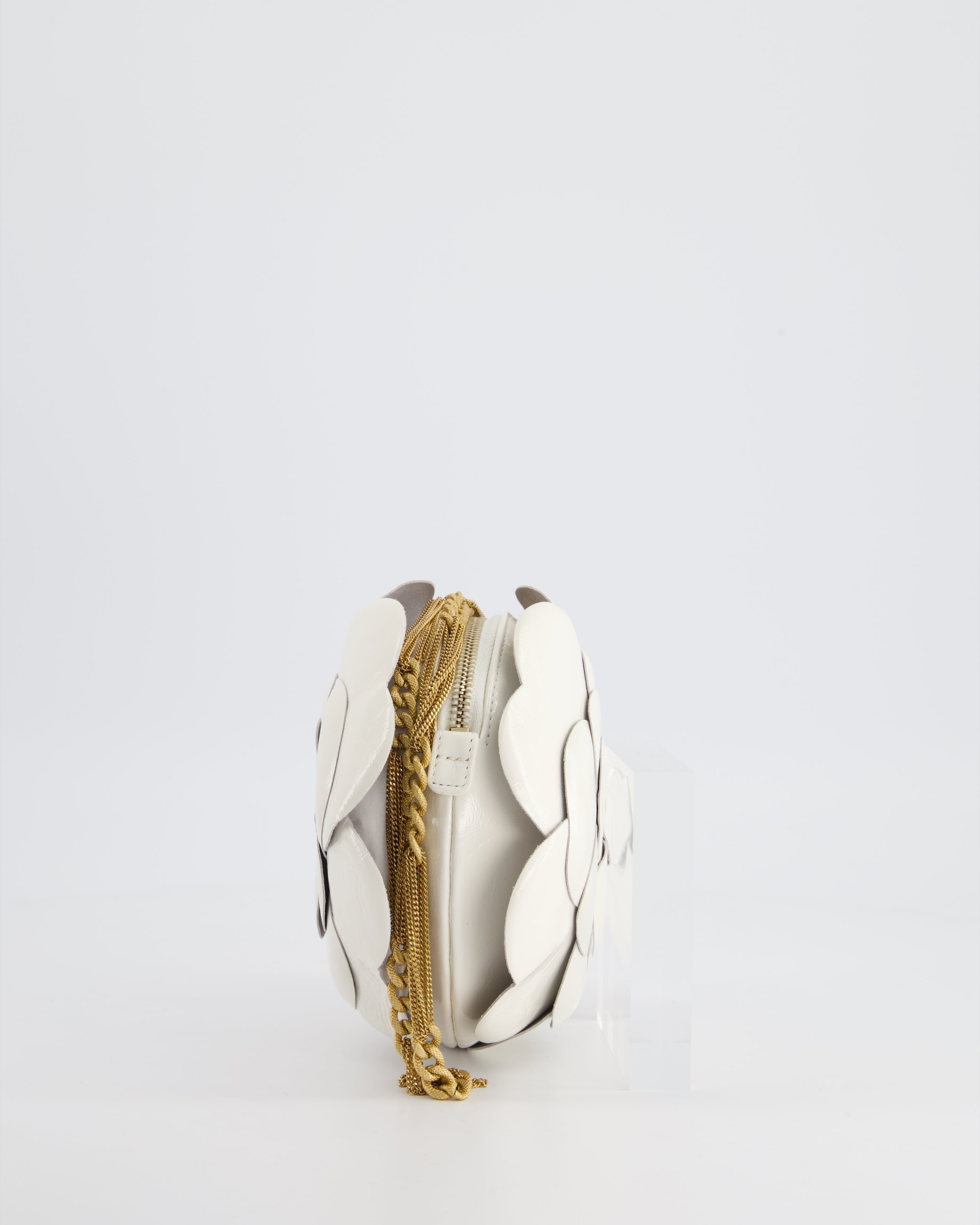 Chanel 23K White Camelia Evening Round Bag with Gold Hardware and CC Detail