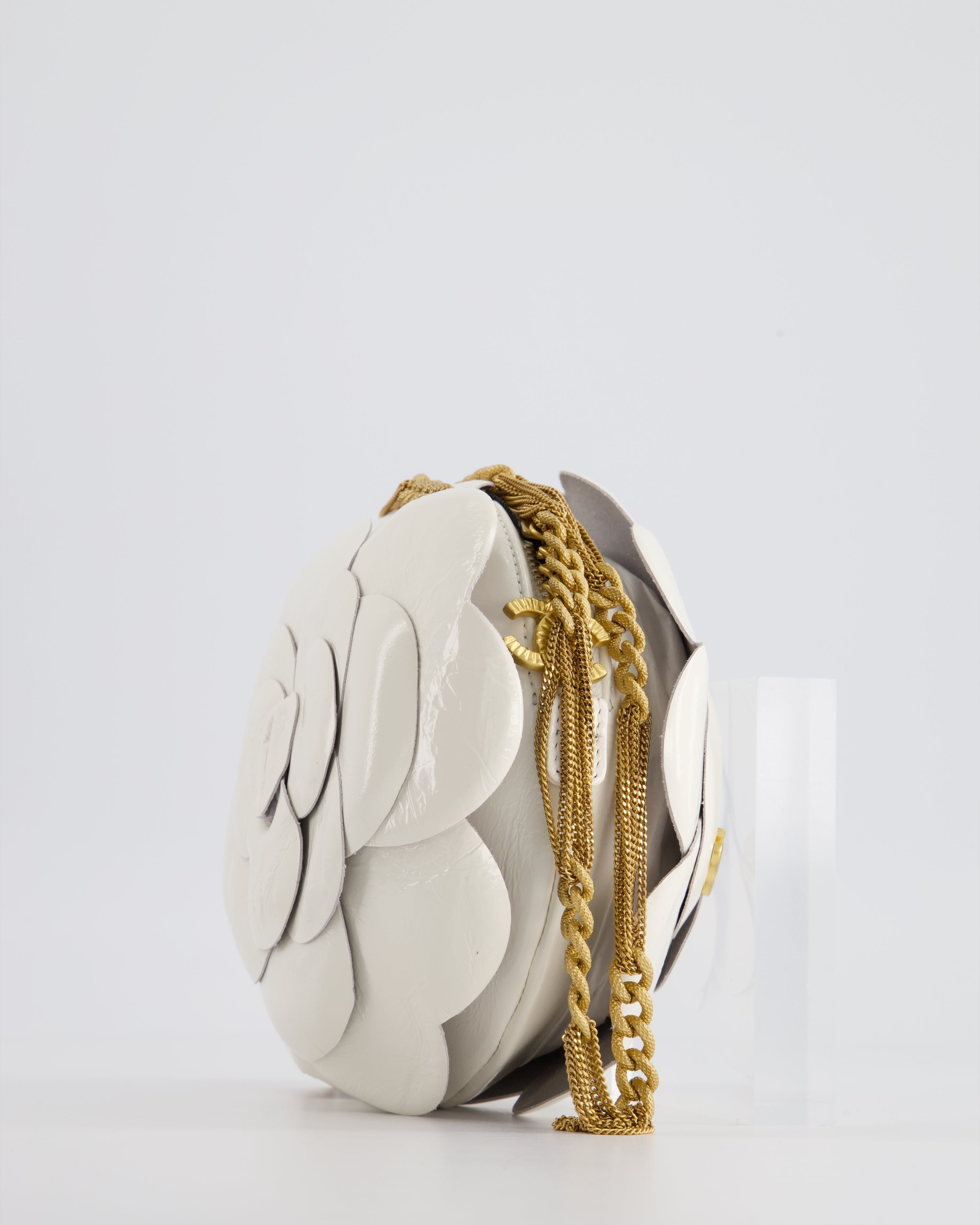 Chanel 23K White Camelia Evening Round Bag with Gold Hardware and CC Detail