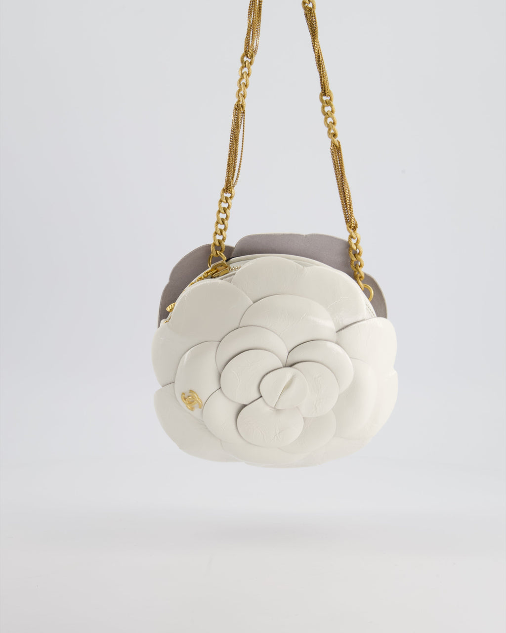 Chanel 23K White Camelia Evening Round Bag with Gold Hardware and CC Detail