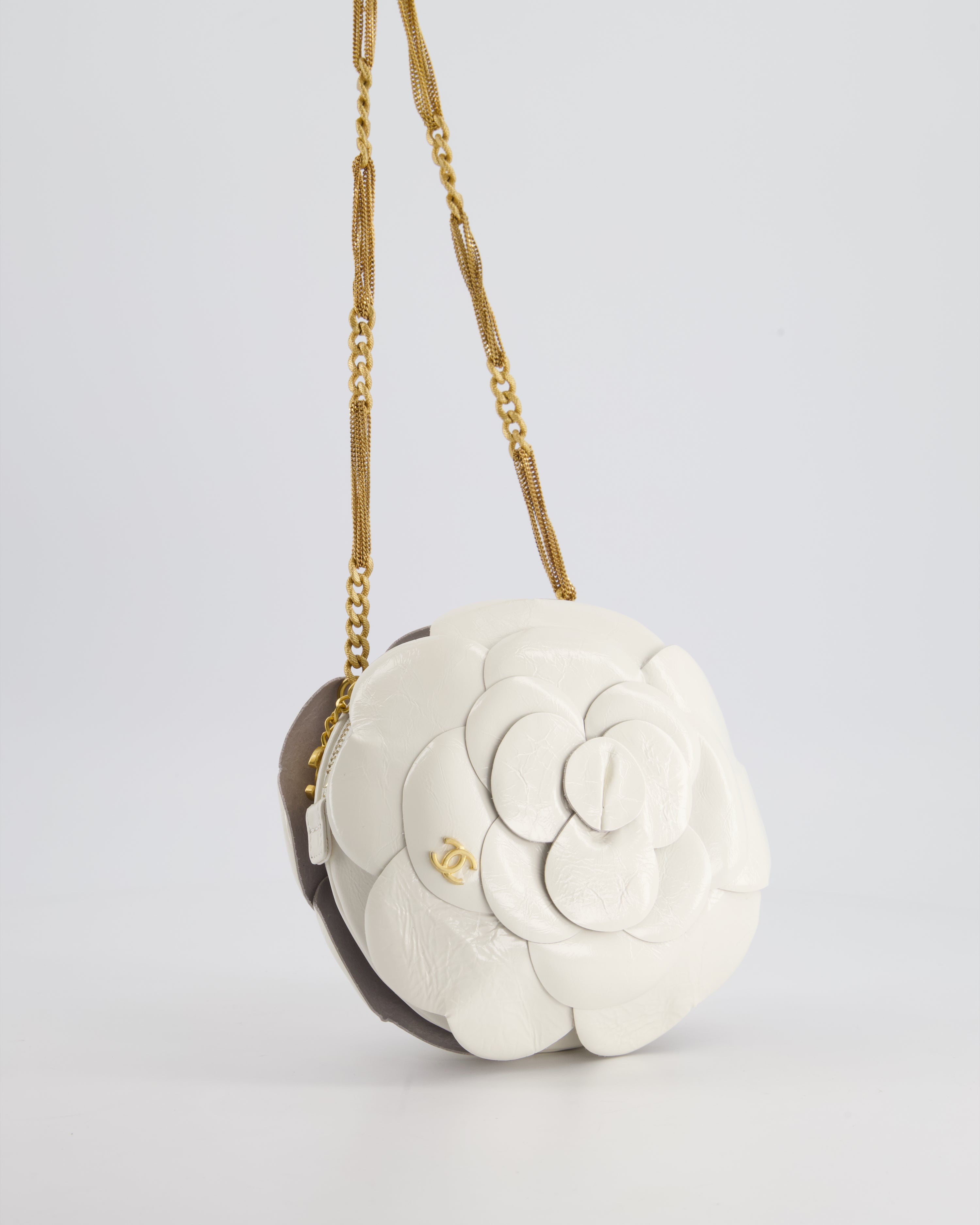 Chanel 23K White Camelia Evening Round Bag with Gold Hardware and CC Detail