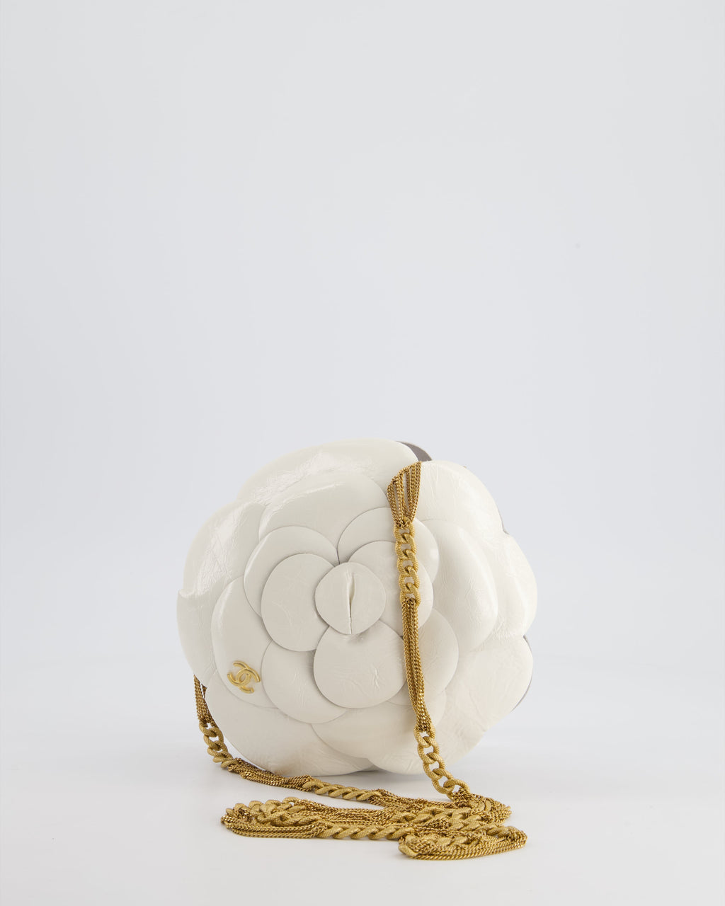 Chanel 23K White Camelia Evening Round Bag with Gold Hardware and CC Detail