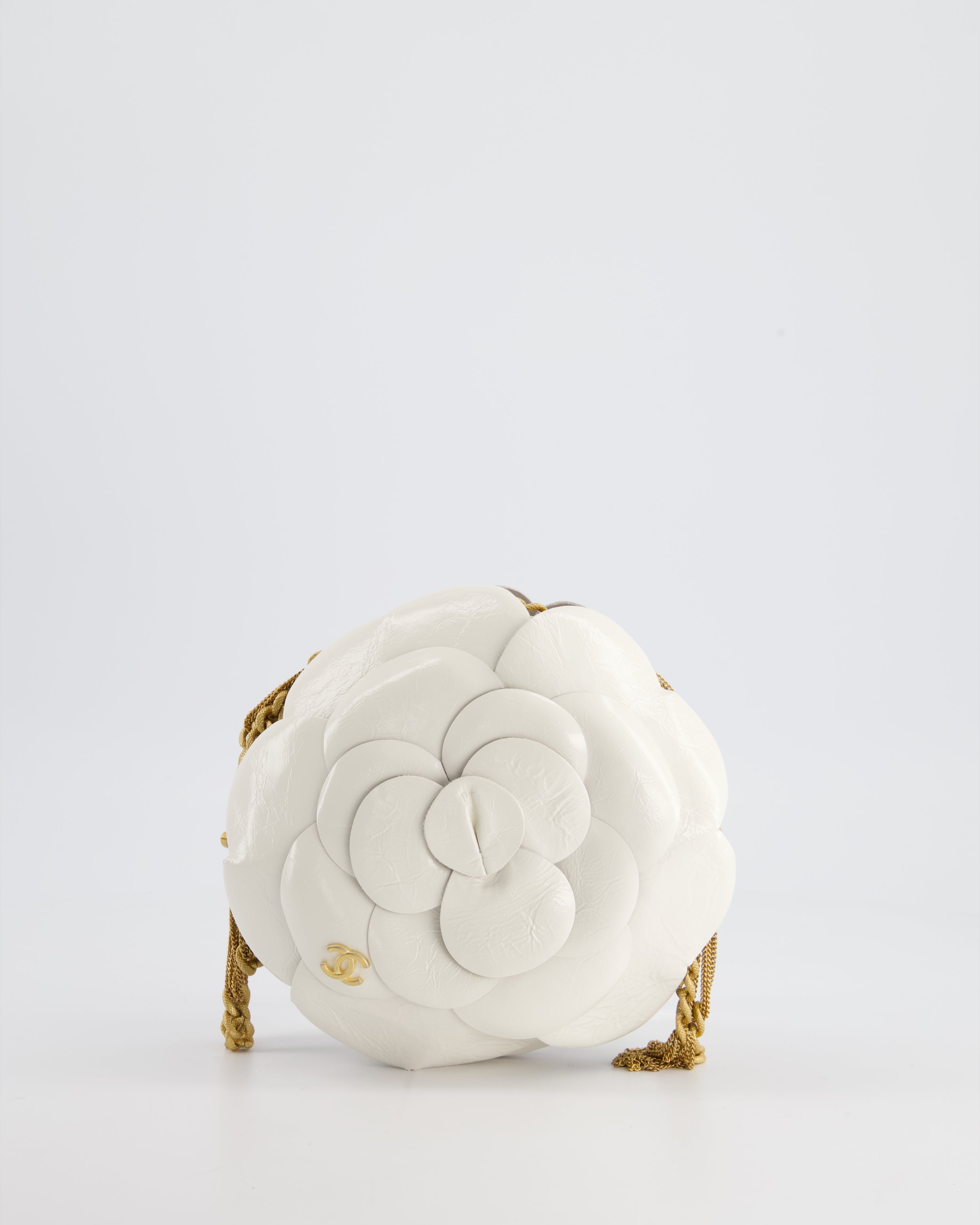 Chanel 23K White Camelia Evening Round Bag with Gold Hardware and CC Detail