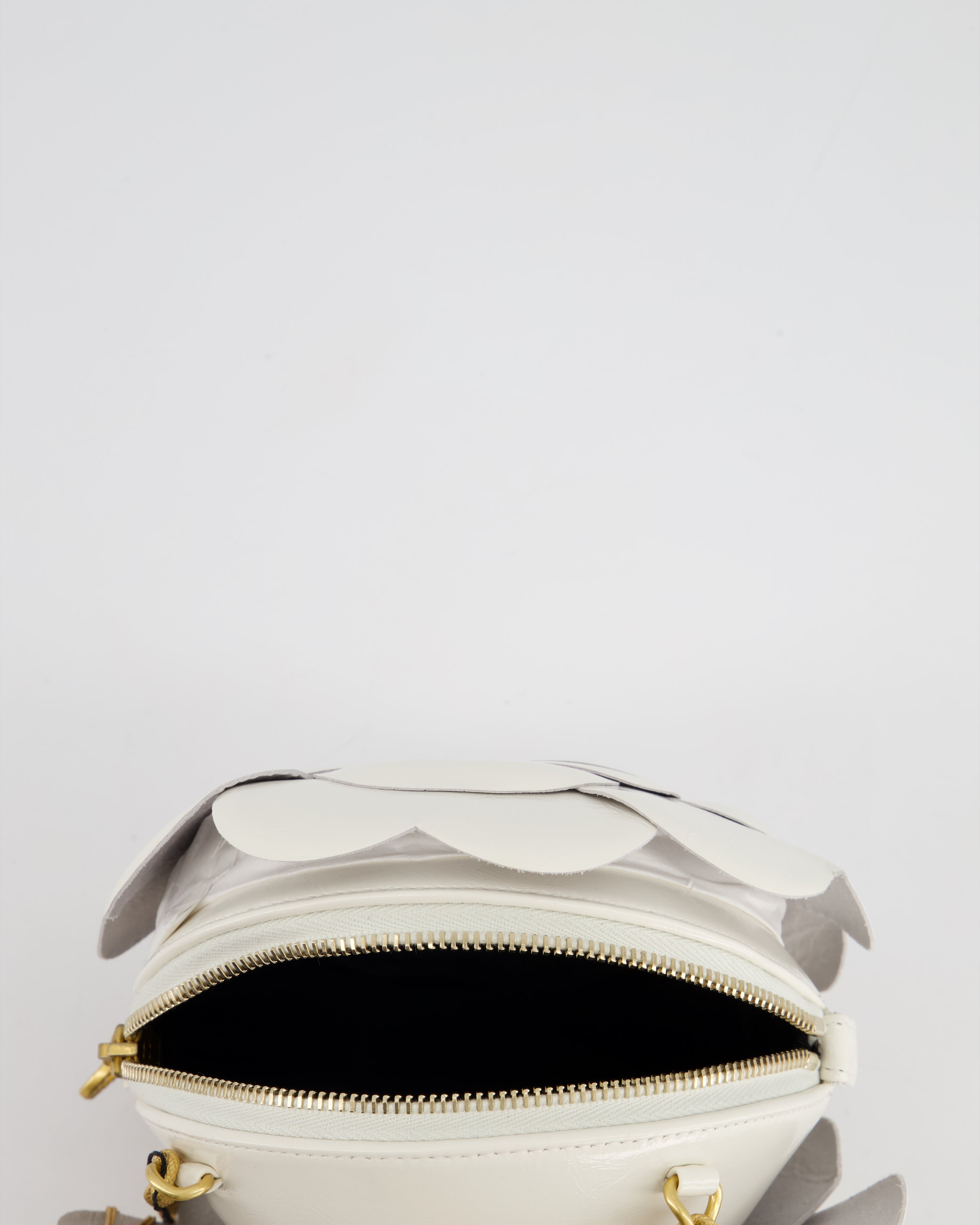 Chanel 23K White Camelia Evening Round Bag with Gold Hardware and CC Detail
