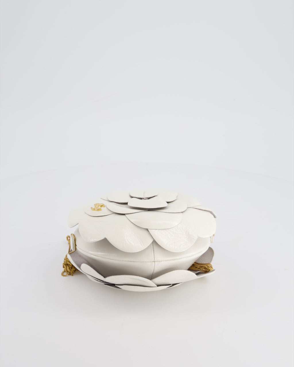 Chanel 23K White Camelia Evening Round Bag with Gold Hardware and CC Detail