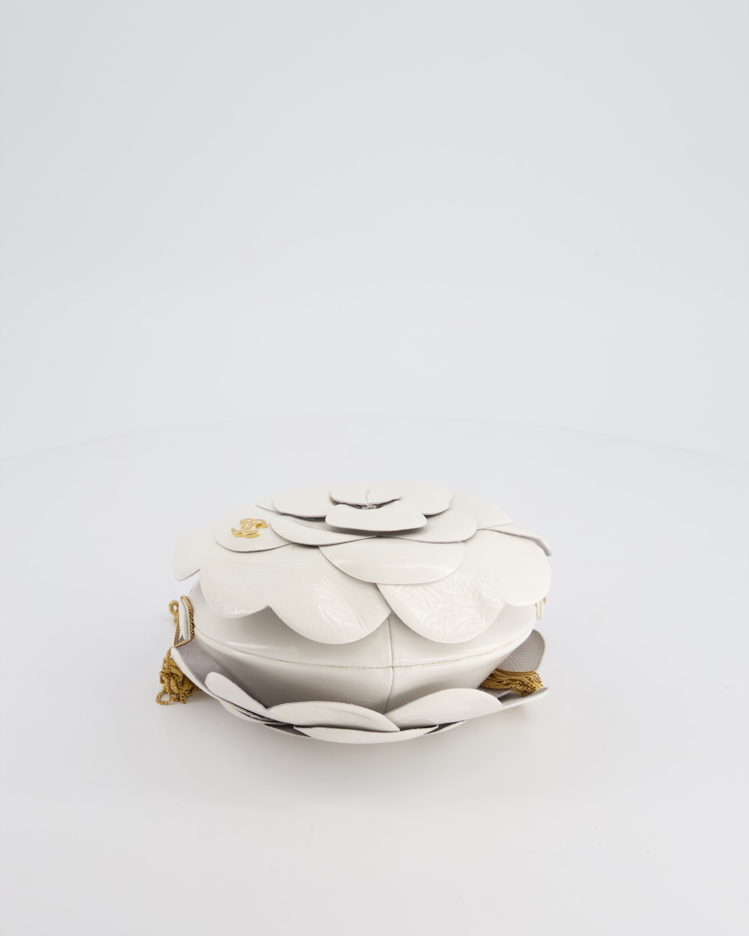 Chanel 23K White Camelia Evening Round Bag with Gold Hardware and CC Detail