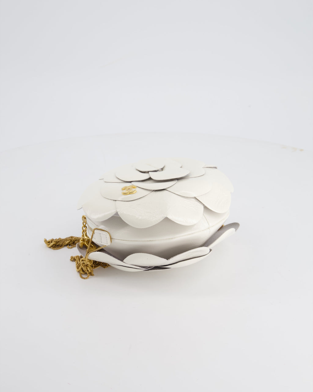 Chanel 23K White Camelia Evening Round Bag with Gold Hardware and CC Detail