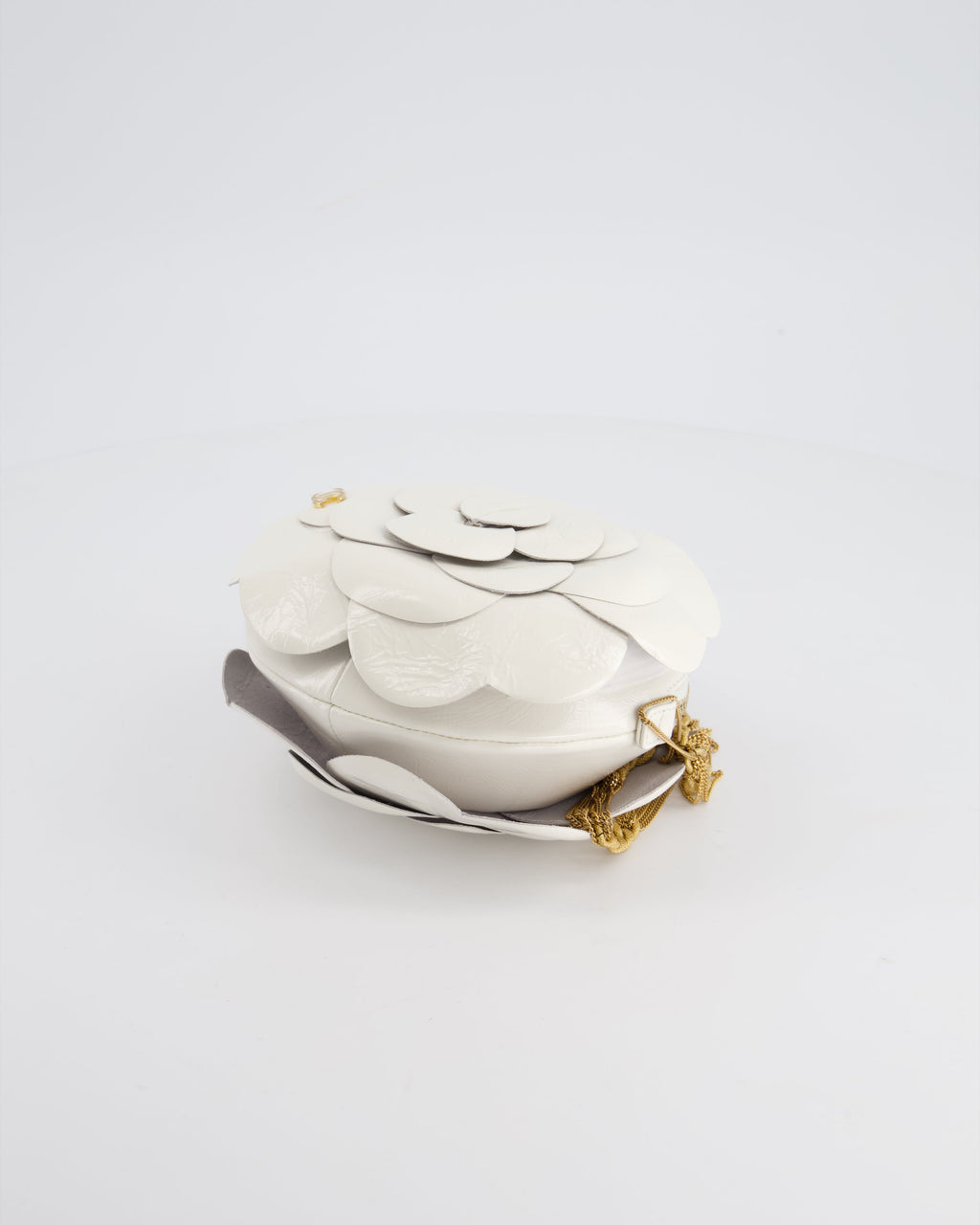 Chanel 23K White Camelia Evening Round Bag with Gold Hardware and CC Detail