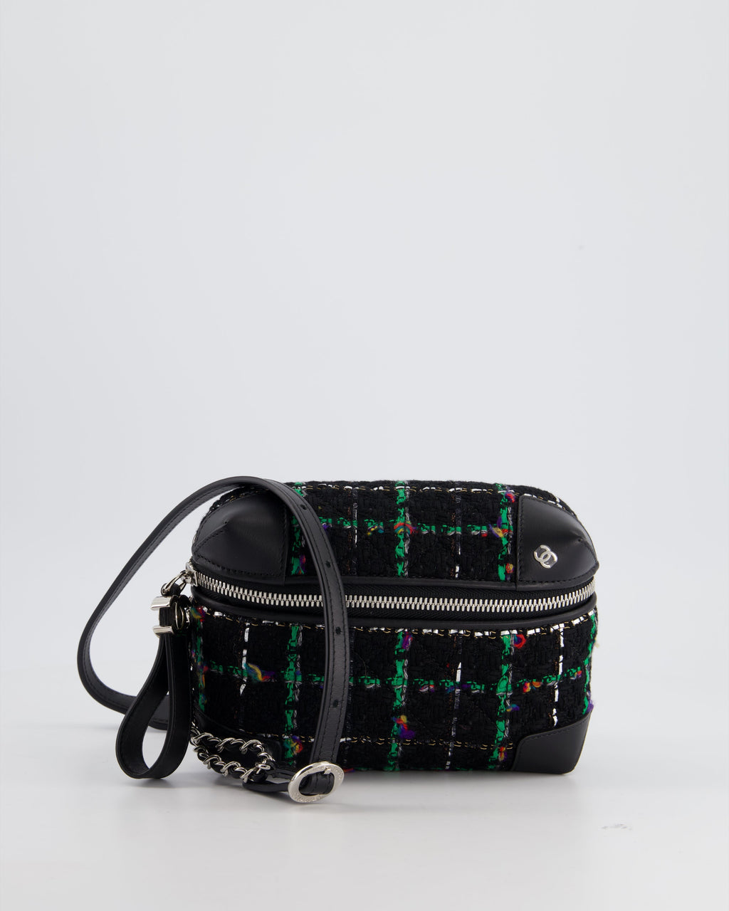 Chanel Black, Green Multi-Colour Tweed Bum Bag with Silver Hardware
