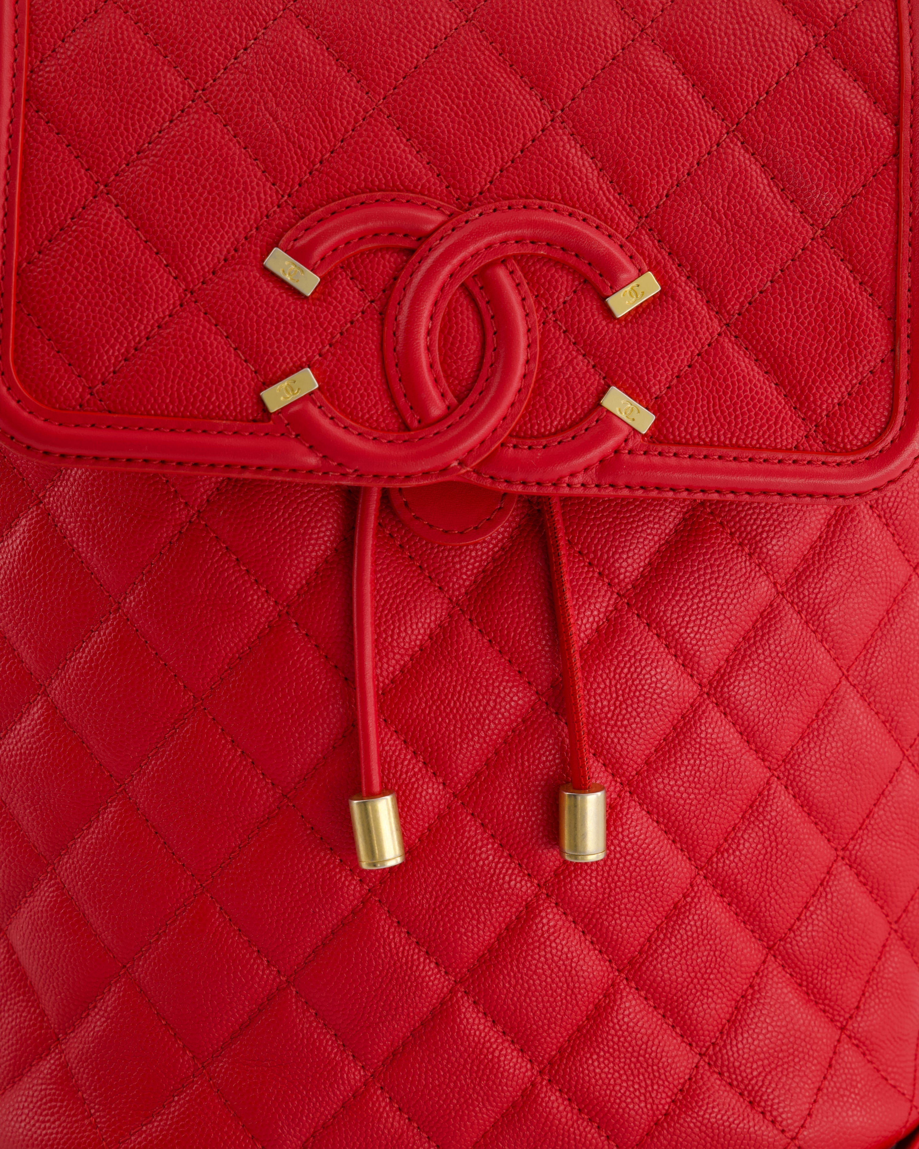Chanel Red Filigree Quilted Backpack in Caviar Leather with Brushed Gold Hardware