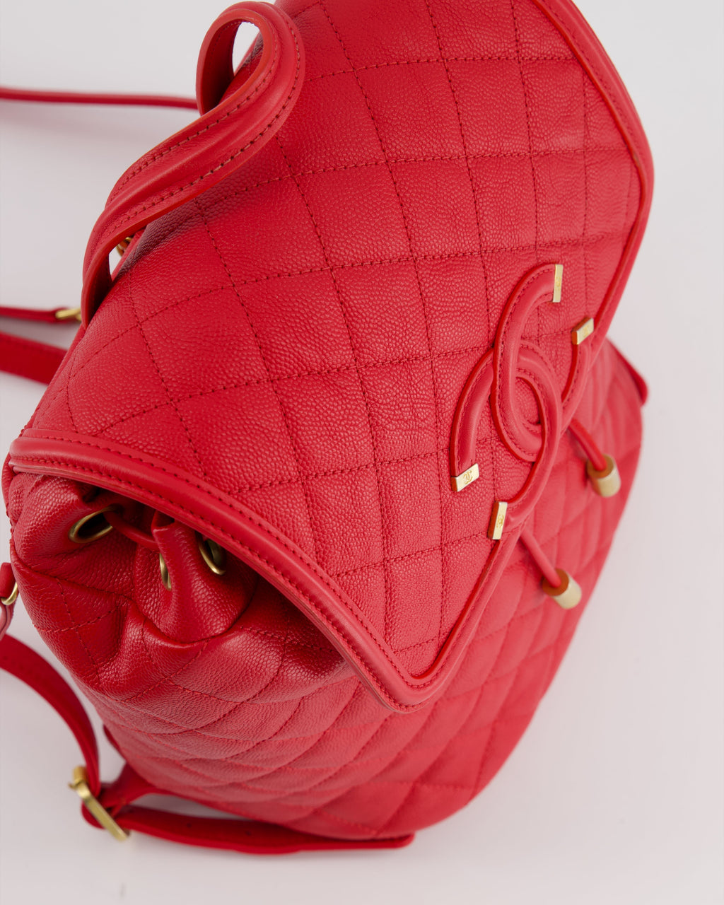 Chanel Red Filigree Quilted Backpack in Caviar Leather with Brushed Gold Hardware