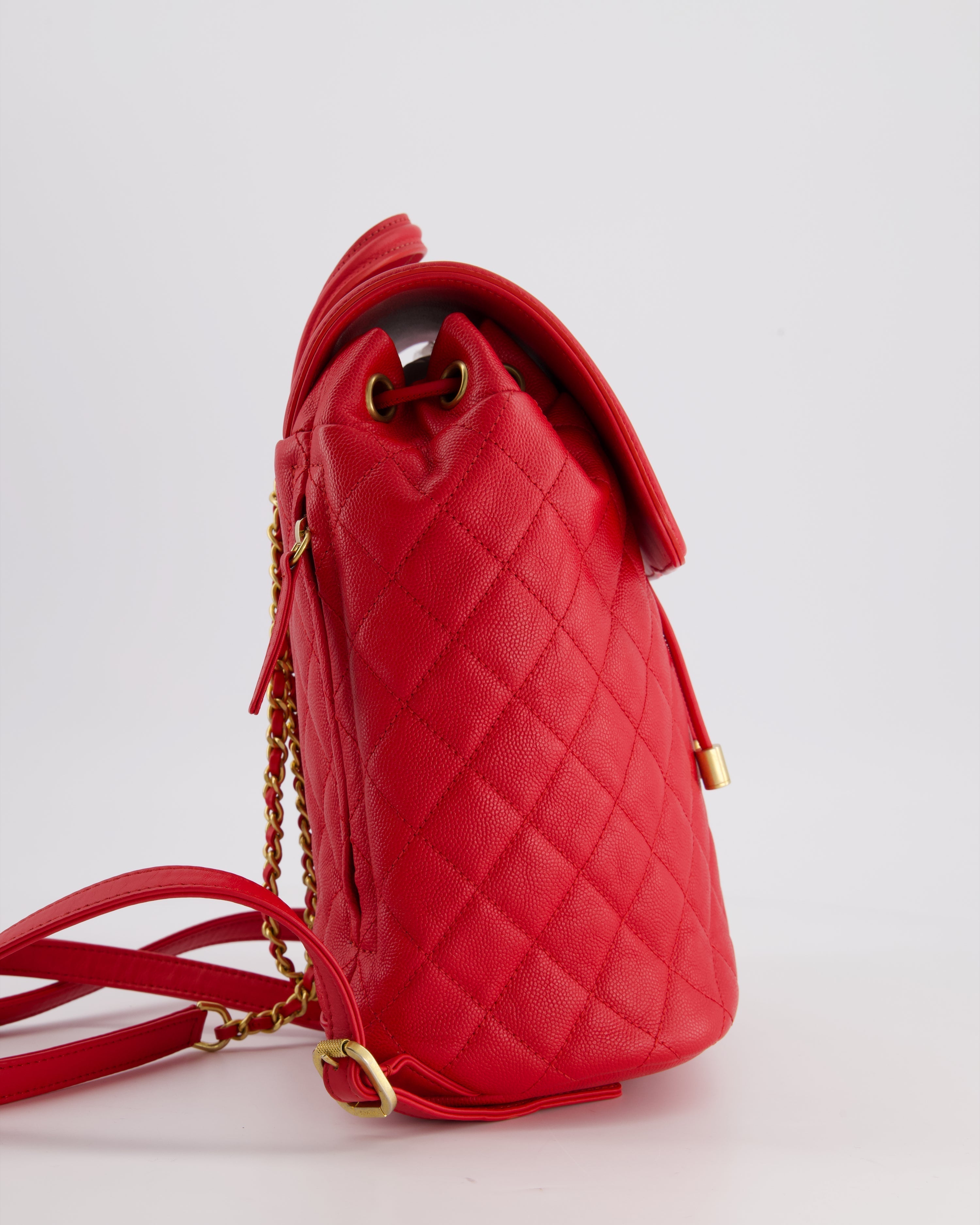 Chanel Red Filigree Quilted Backpack in Caviar Leather with Brushed Gold Hardware
