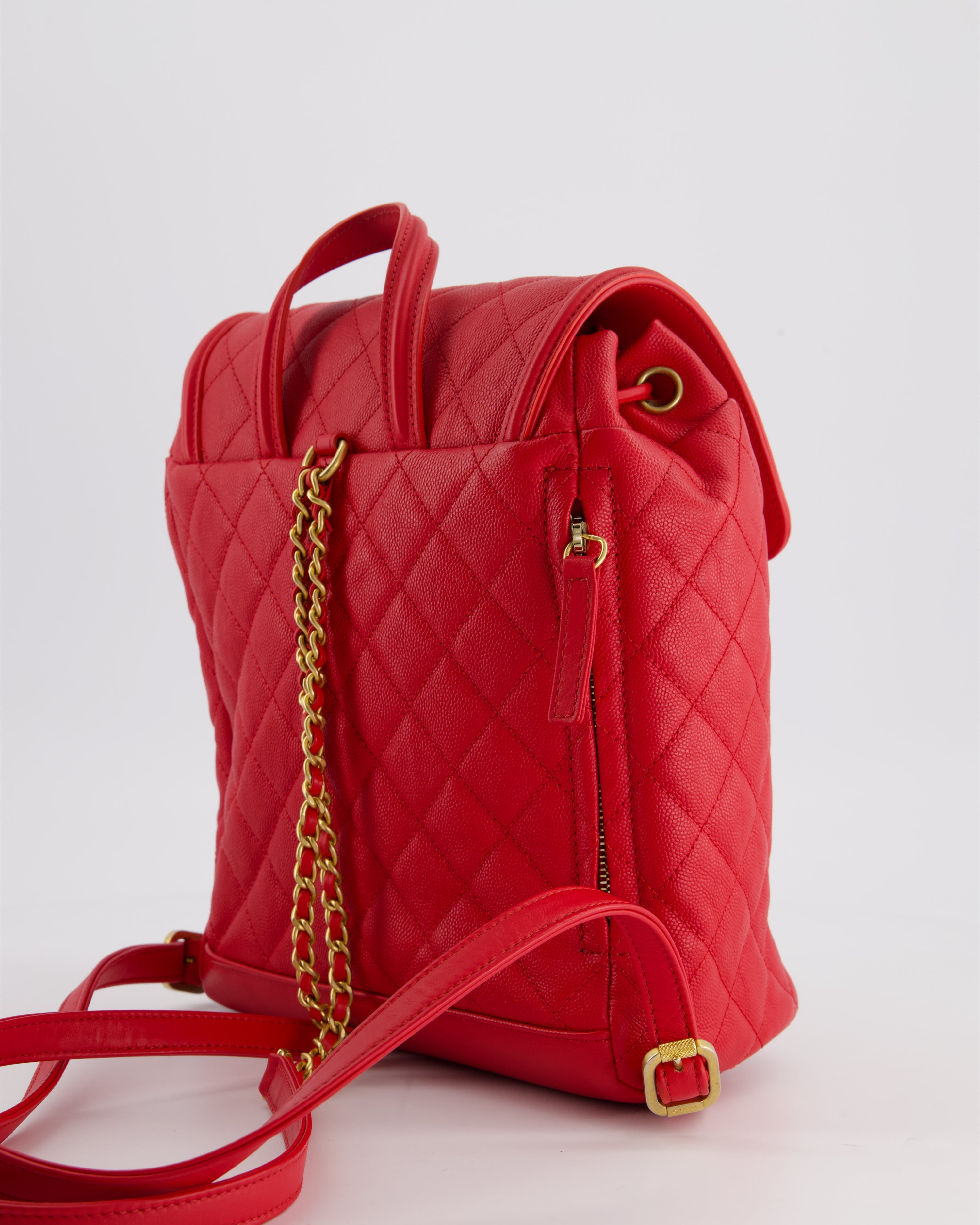 Chanel Red Filigree Quilted Backpack in Caviar Leather with Brushed Gold Hardware