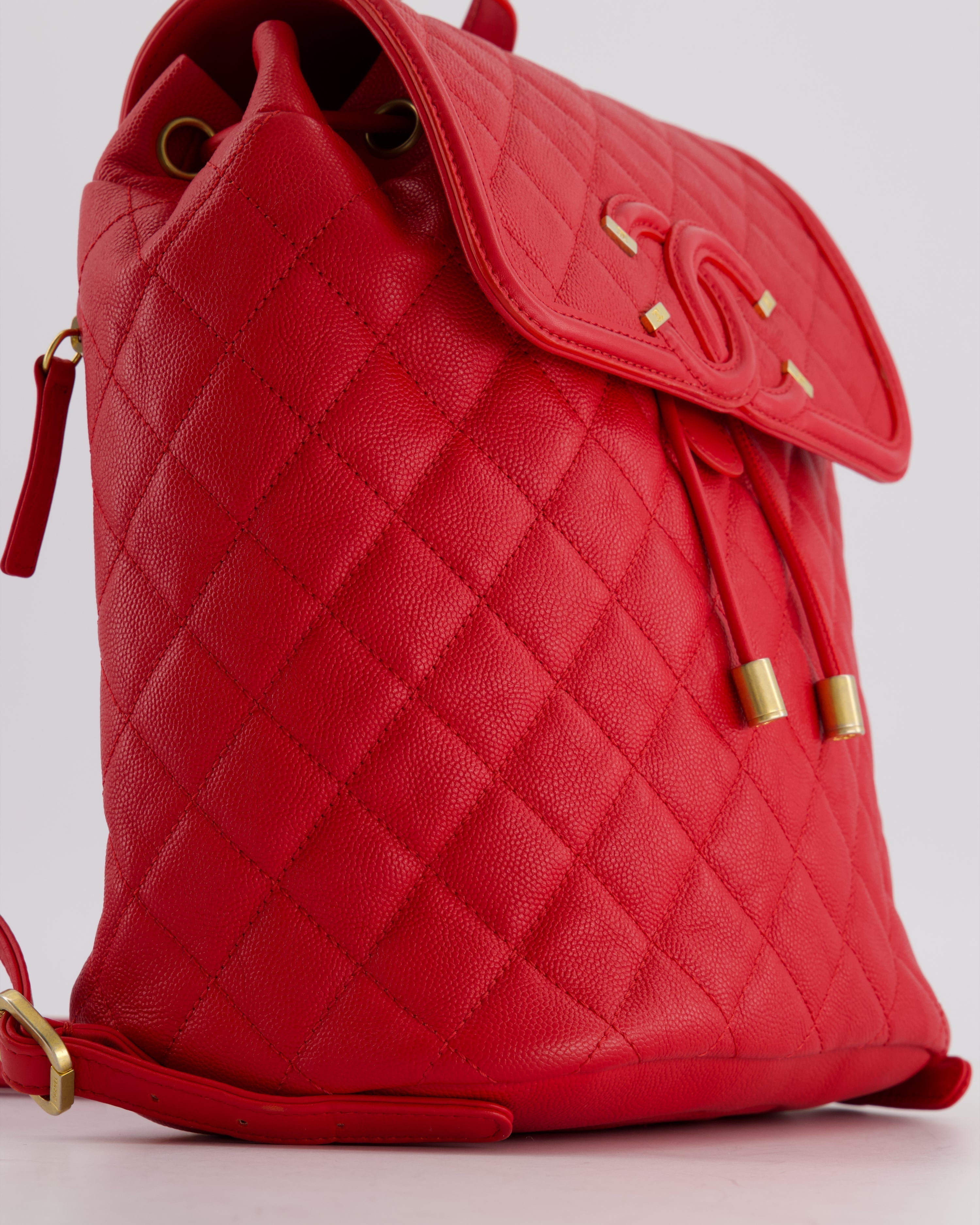 Chanel Red Filigree Quilted Backpack in Caviar Leather with Brushed Gold Hardware