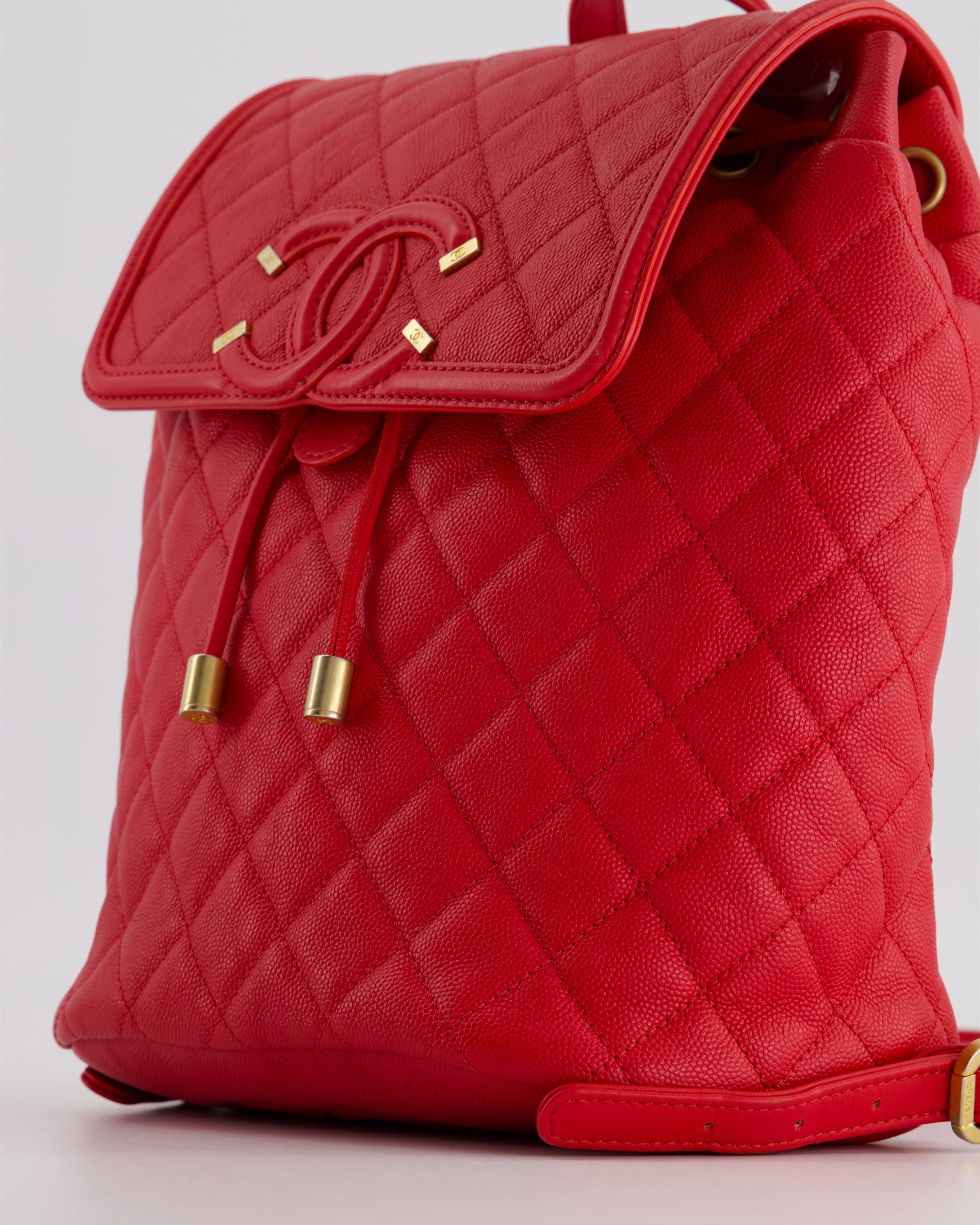Chanel Red Filigree Quilted Backpack in Caviar Leather with Brushed Gold Hardware