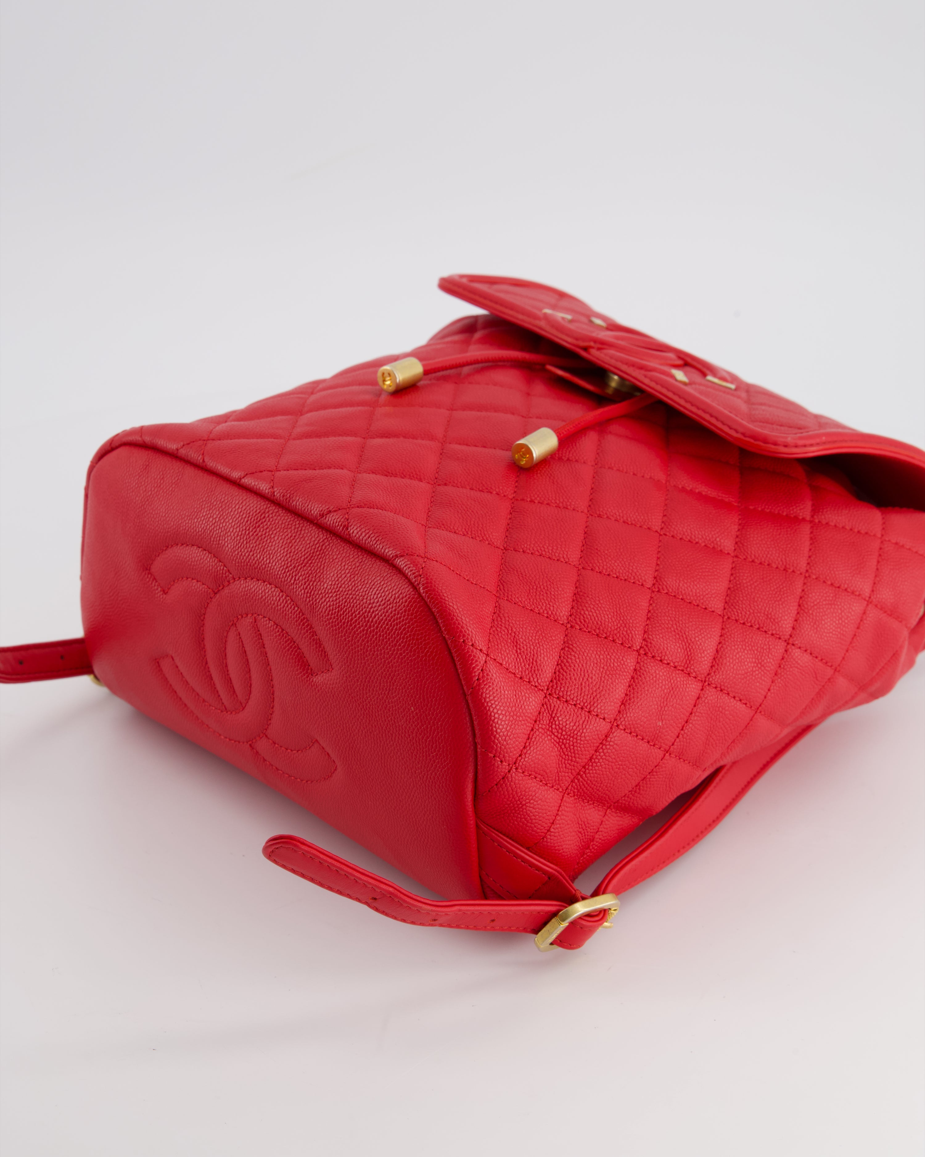 Chanel Red Filigree Quilted Backpack in Caviar Leather with Brushed Gold Hardware