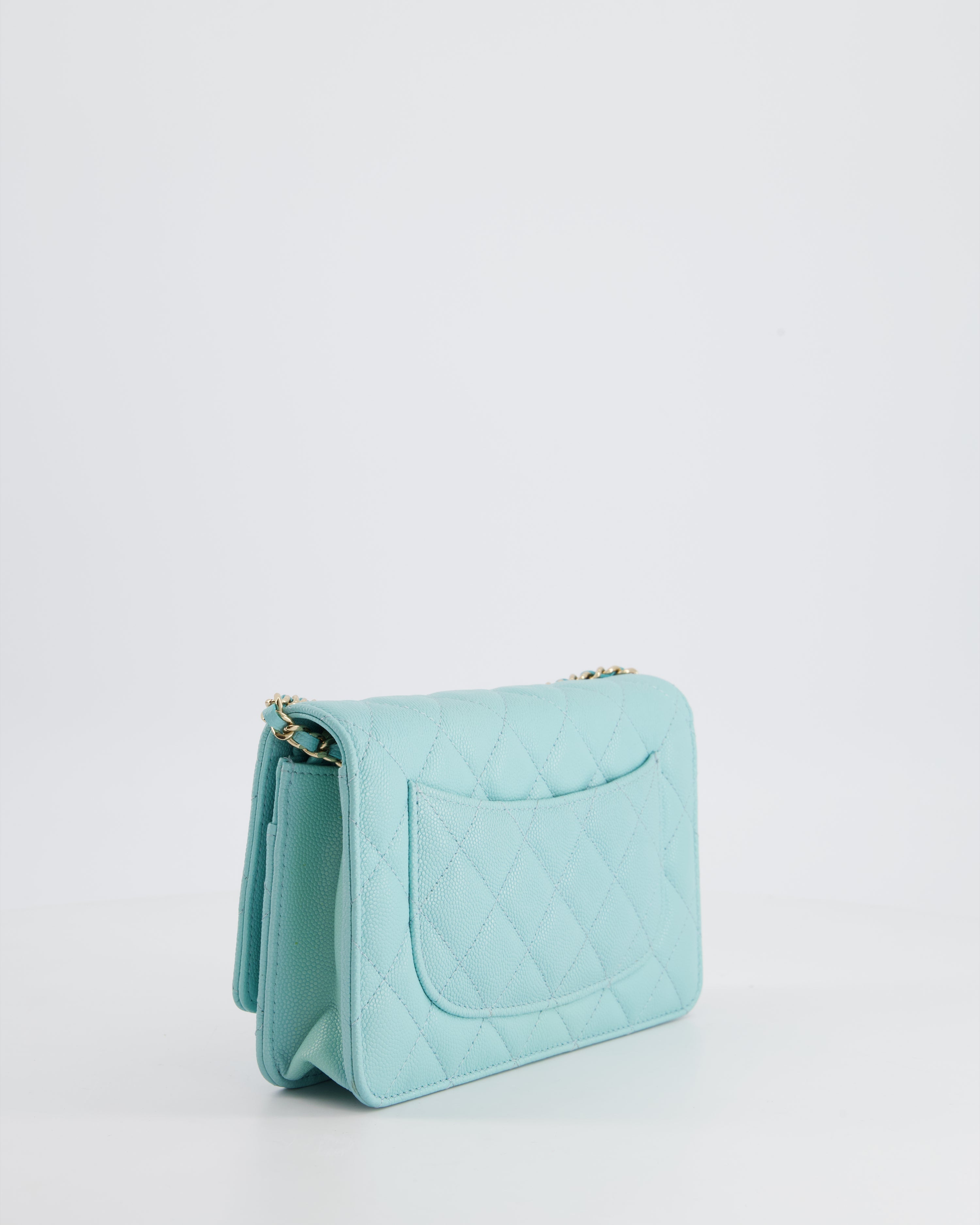 Chanel Tiffany Blue Wallet on Chain Bag in Caviar with Champagne Gold Hardware