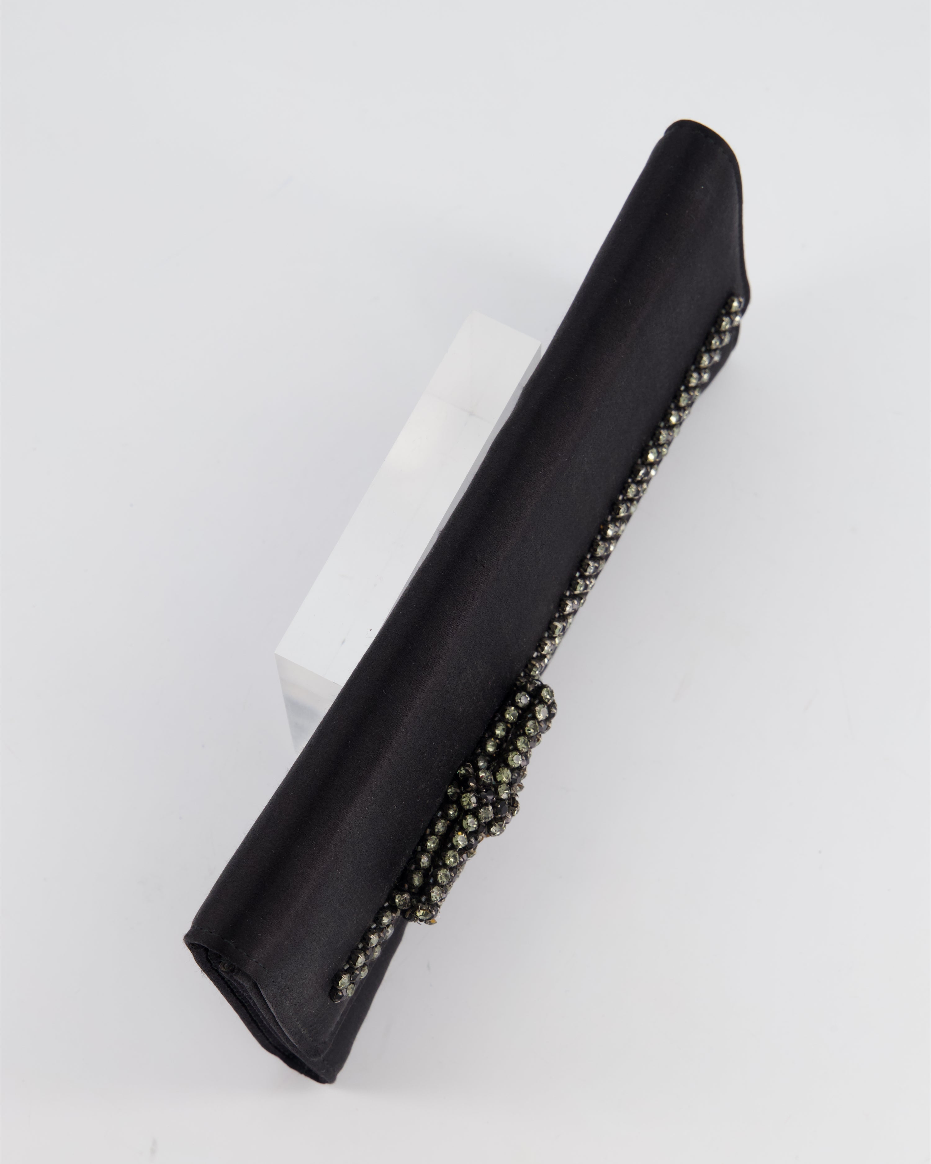 Gucci Black Rectangular Satin Clutch Bag with Embellished Bow Detail