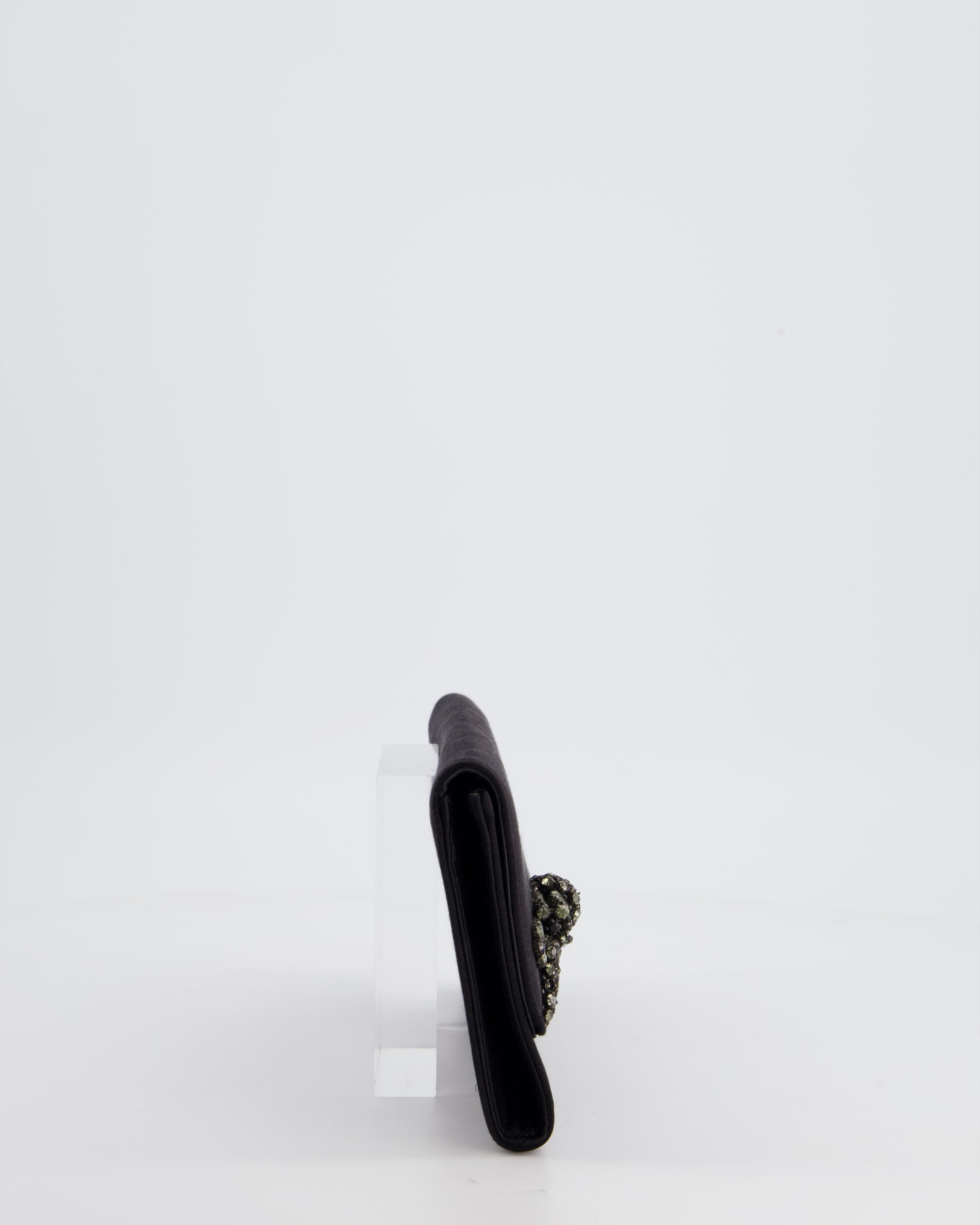 Gucci Black Rectangular Satin Clutch Bag with Embellished Bow Detail