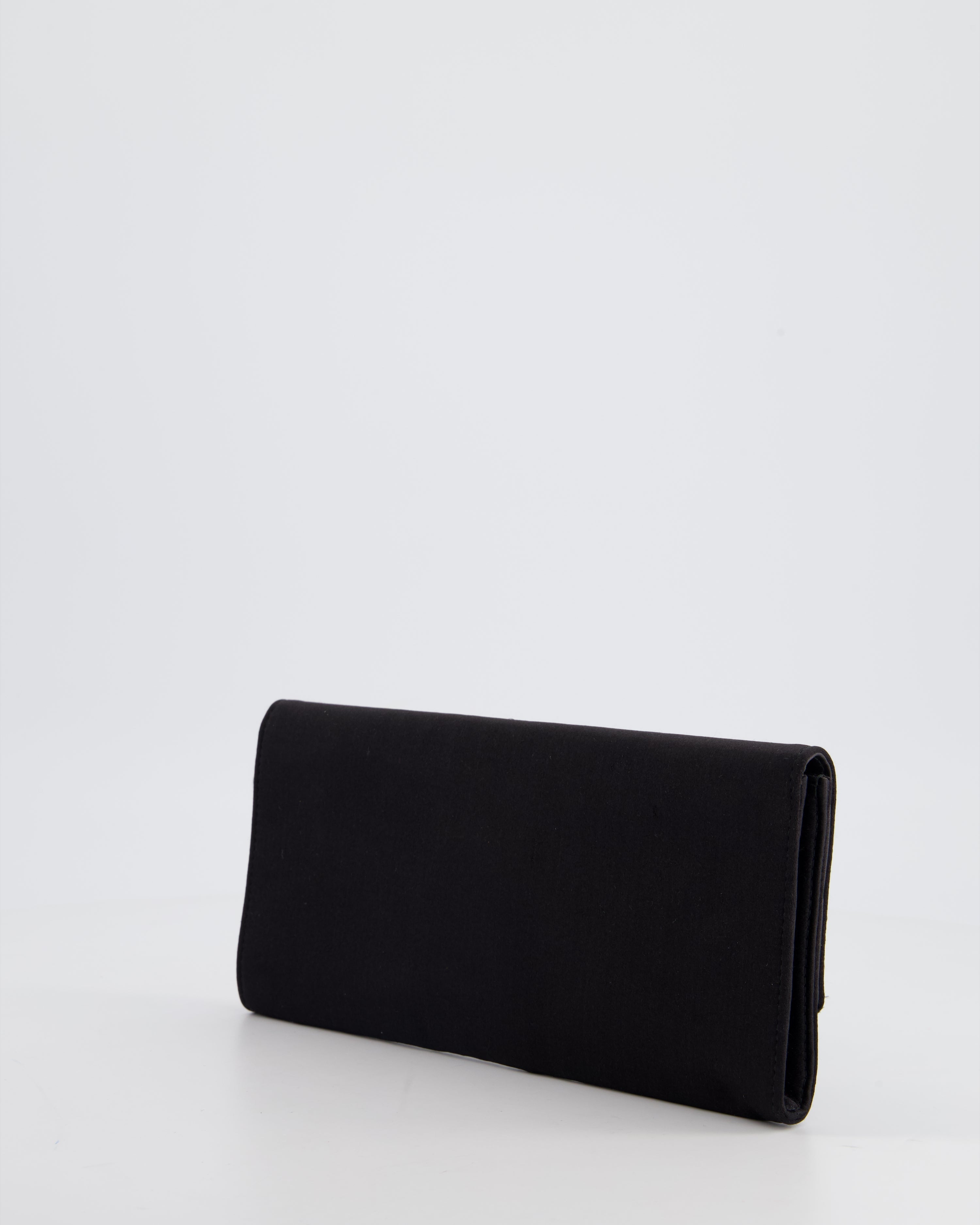 Gucci Black Rectangular Satin Clutch Bag with Embellished Bow Detail