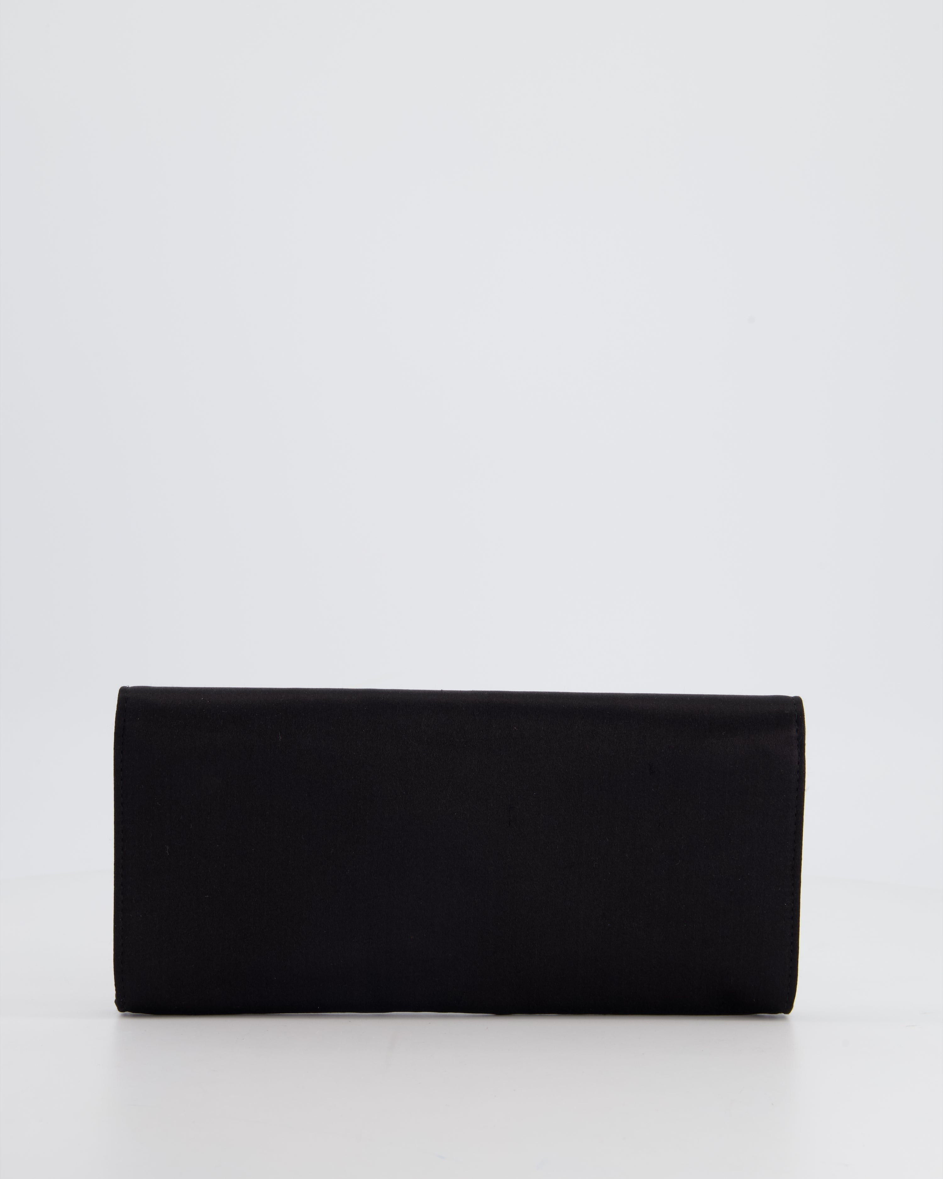Gucci Black Rectangular Satin Clutch Bag with Embellished Bow Detail