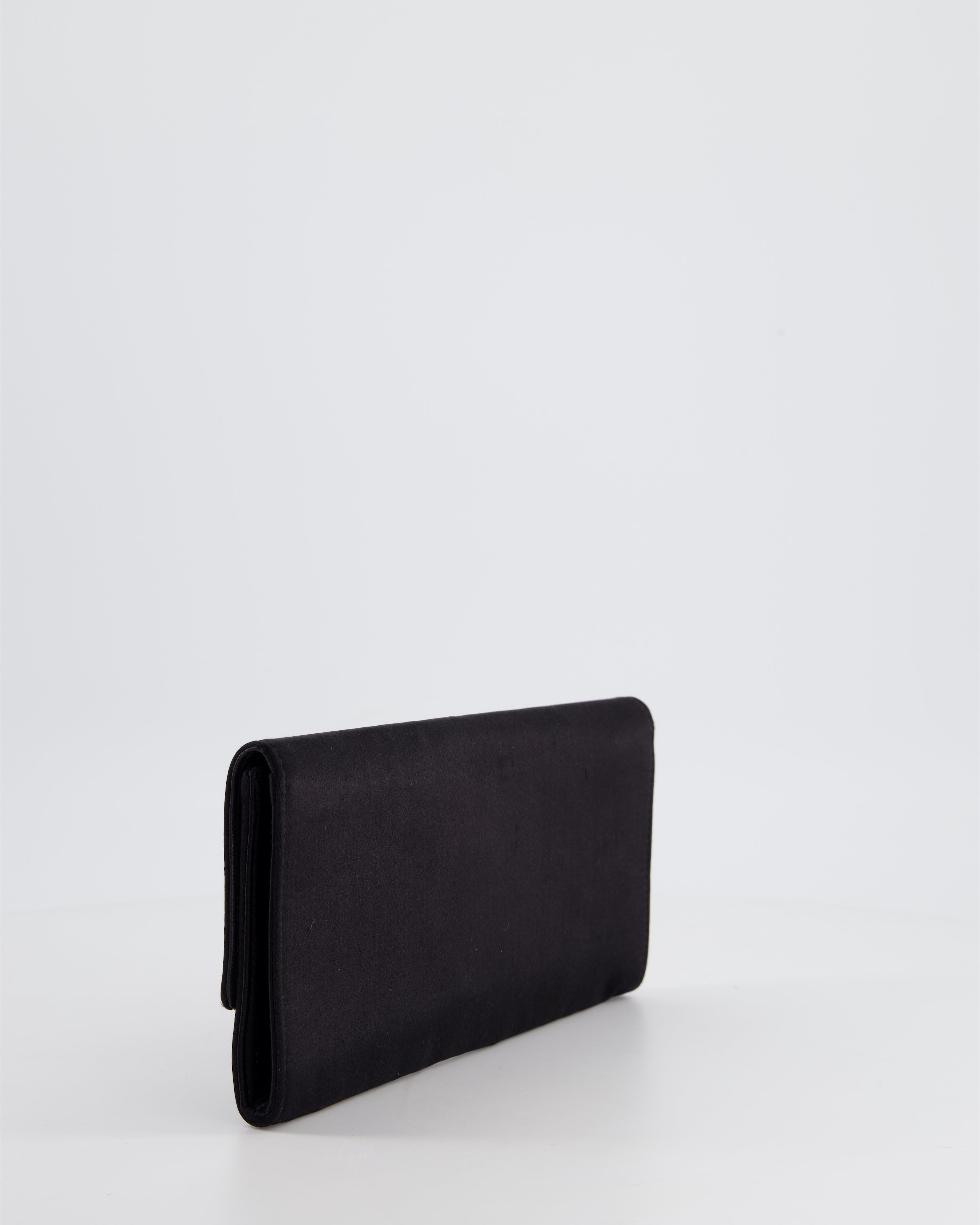 Gucci Black Rectangular Satin Clutch Bag with Embellished Bow Detail