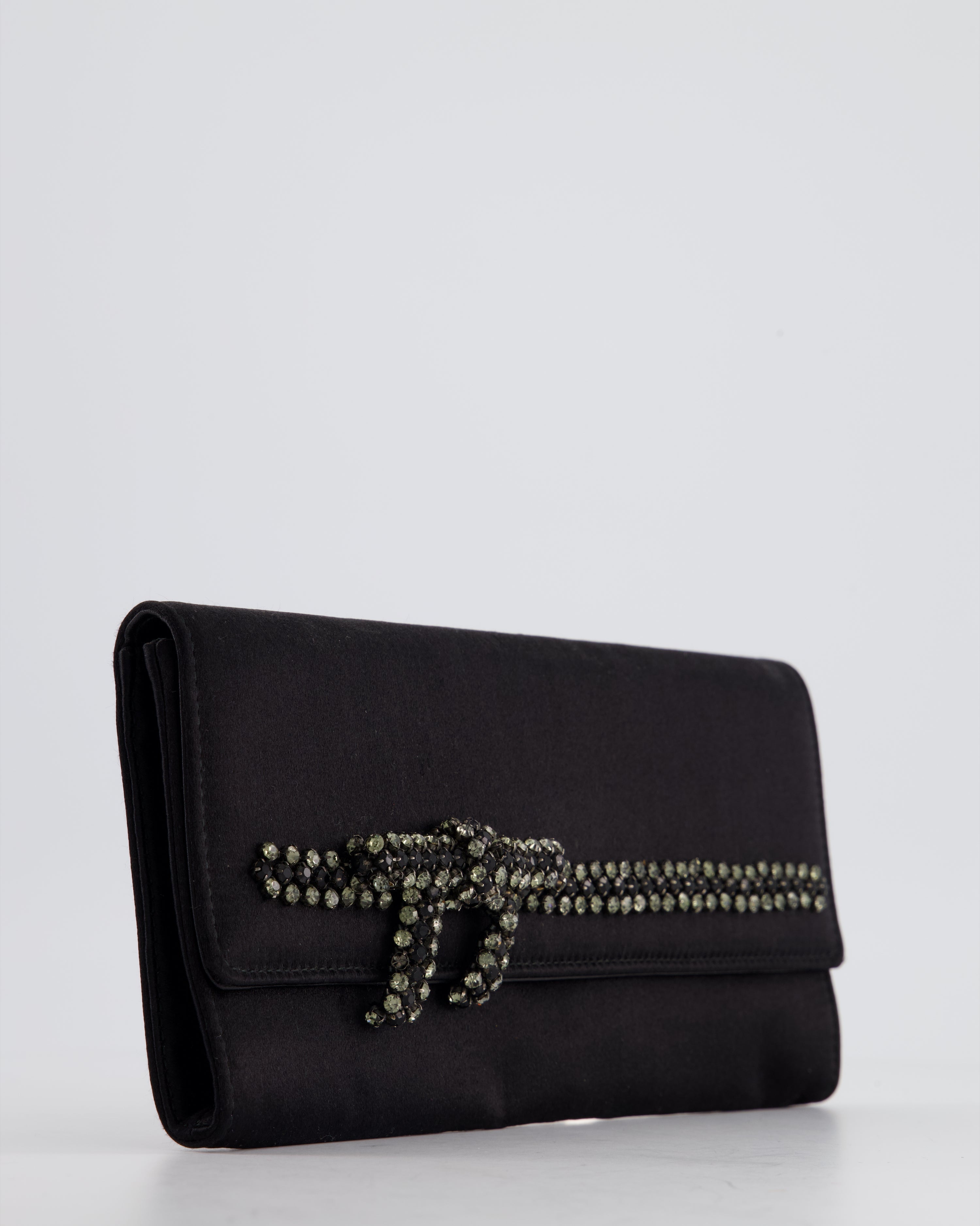 Gucci Black Rectangular Satin Clutch Bag with Embellished Bow Detail