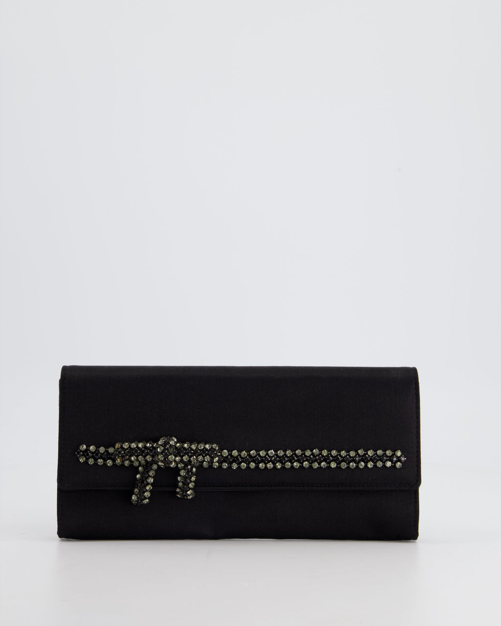 Gucci Black Rectangular Satin Clutch Bag with Embellished Bow Detail