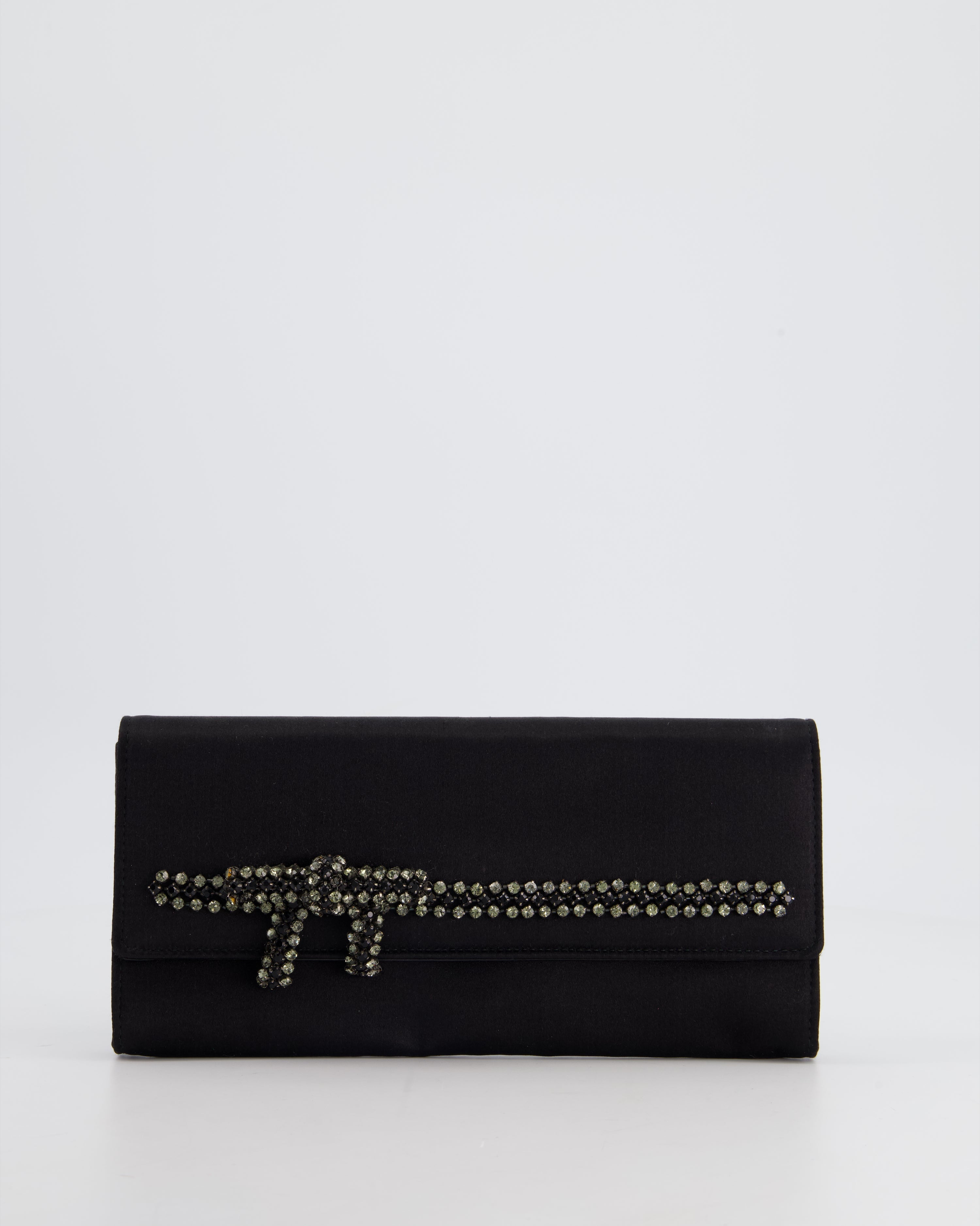 Gucci Black Rectangular Satin Clutch Bag with Embellished Bow Detail