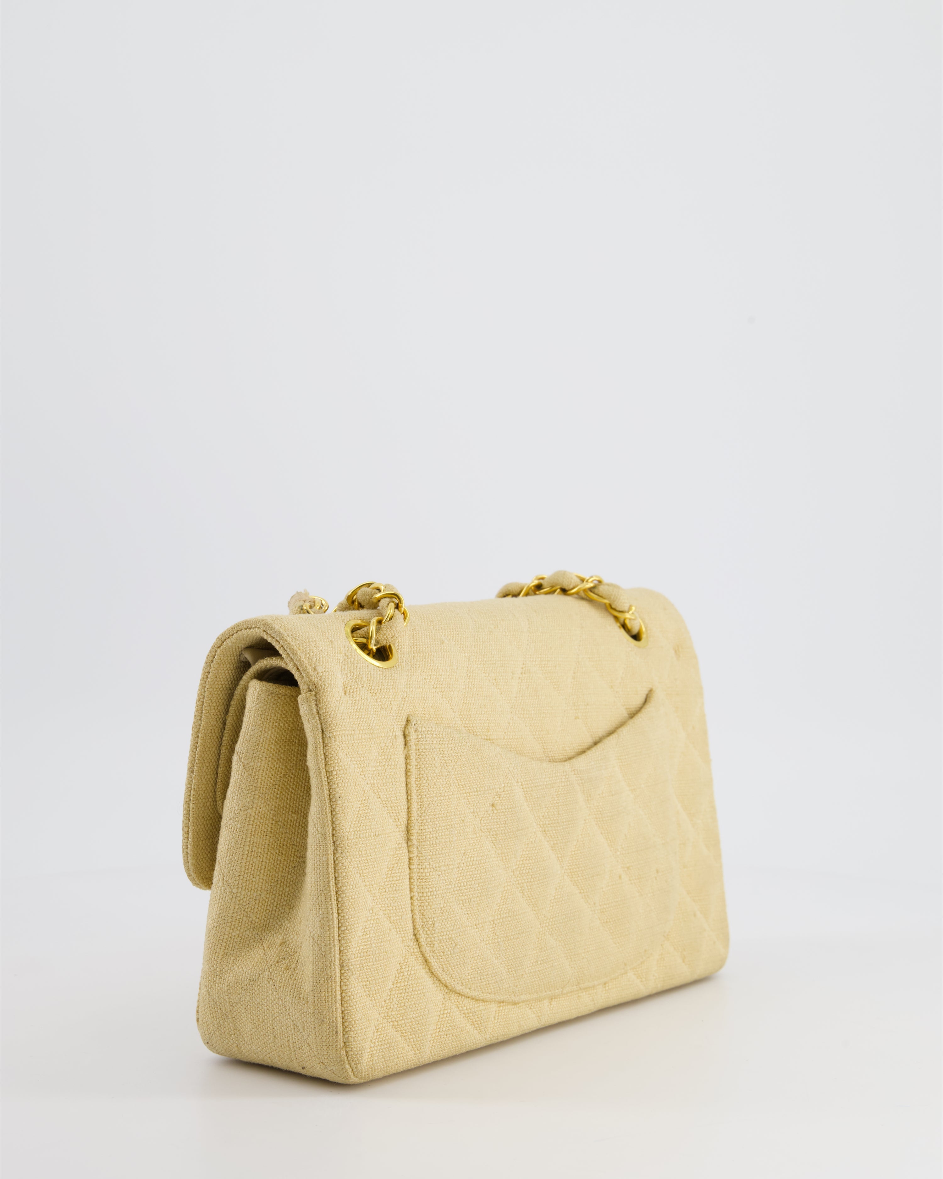 VINTAGE* Chanel Beige Small Fabric Double Flap Bag with 24K Gold Hardware