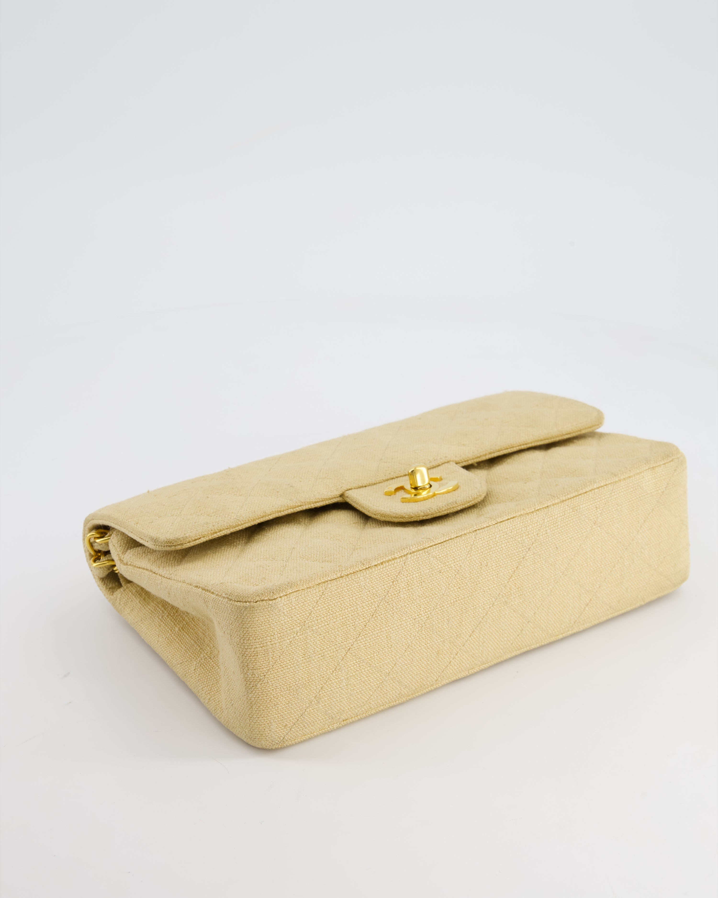 VINTAGE* Chanel Beige Small Fabric Double Flap Bag with 24K Gold Hardware