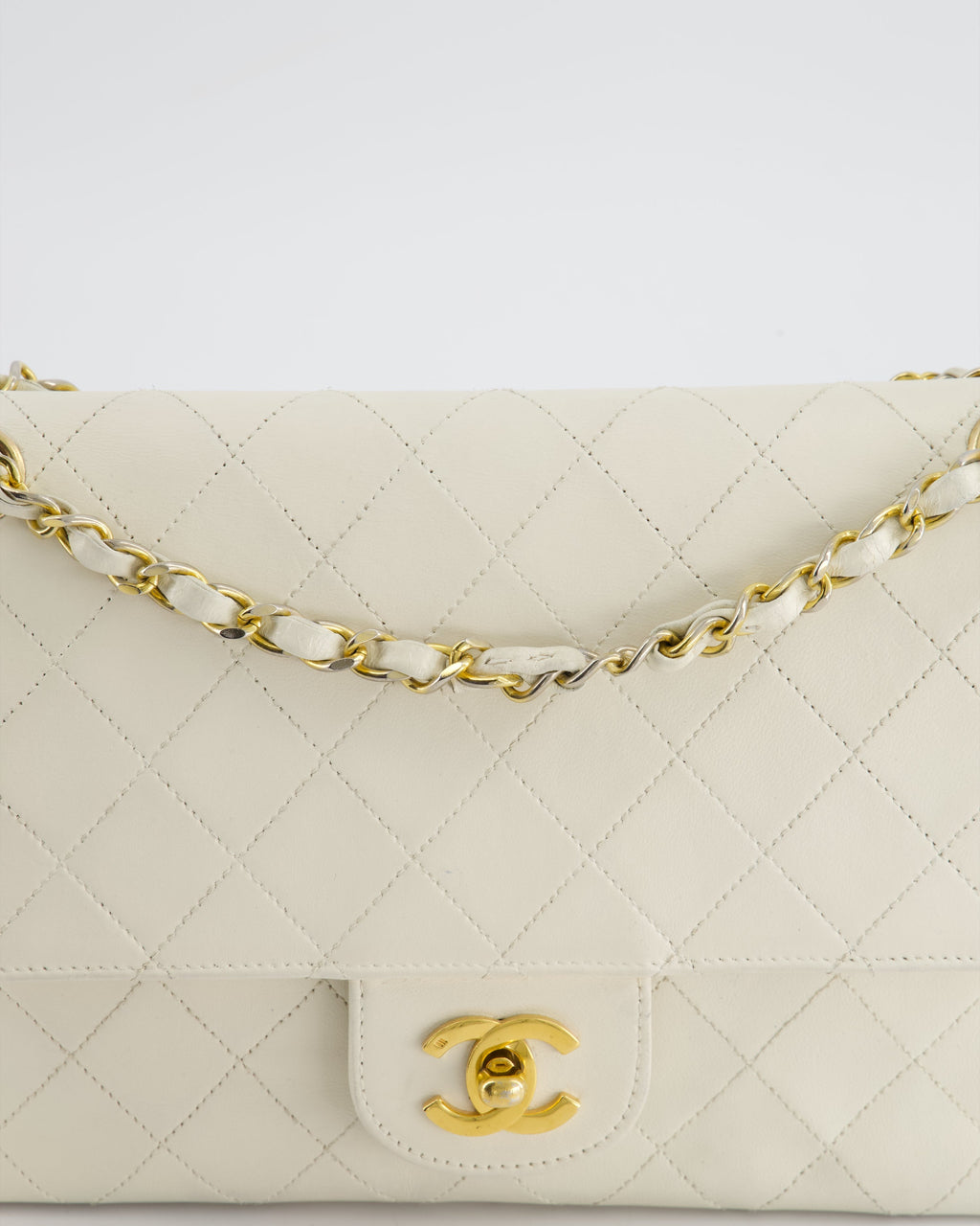 Chanel Vintage White Stitched Edge Classic Double Flap Bag with 24K Gold Hardware