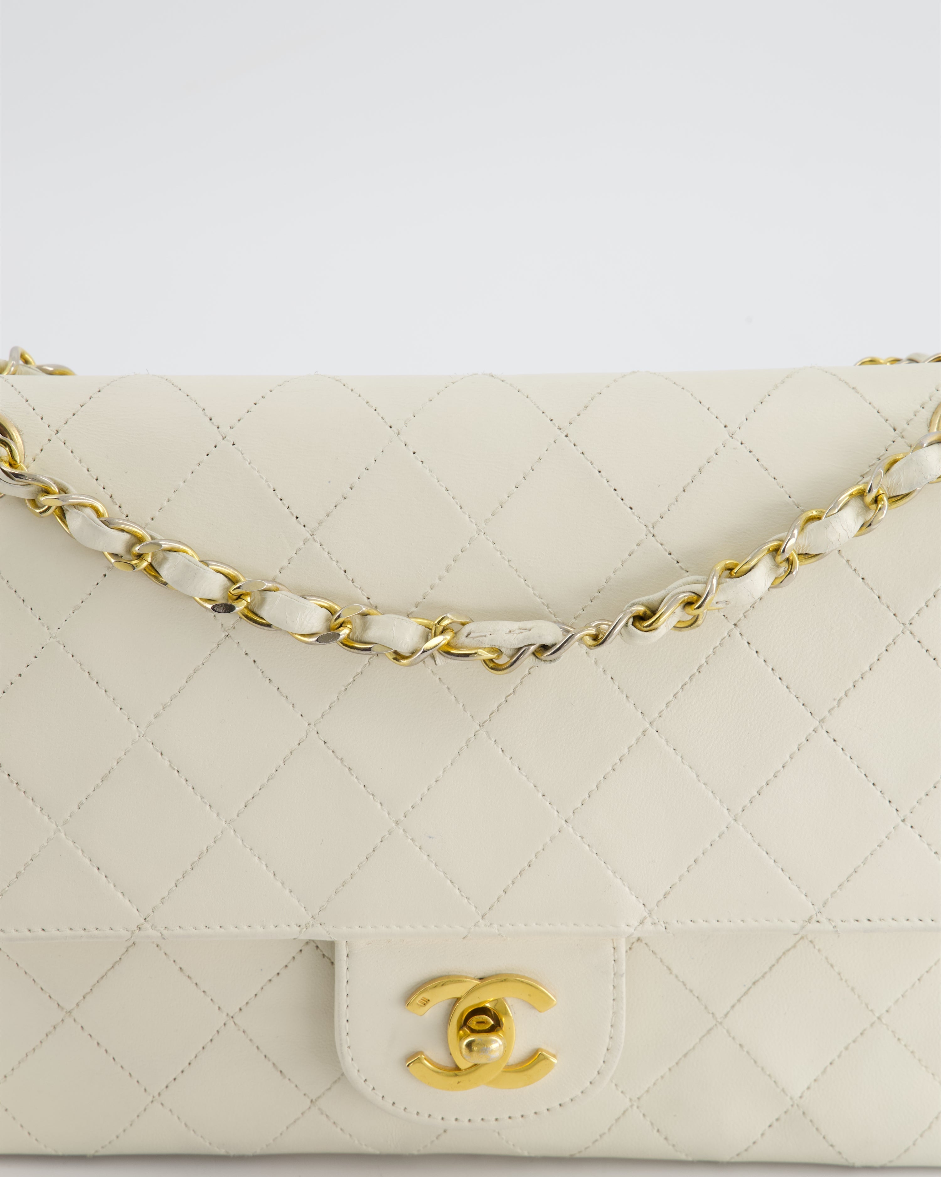 Chanel Vintage White Stitched Edge Classic Double Flap Bag with 24K Gold Hardware