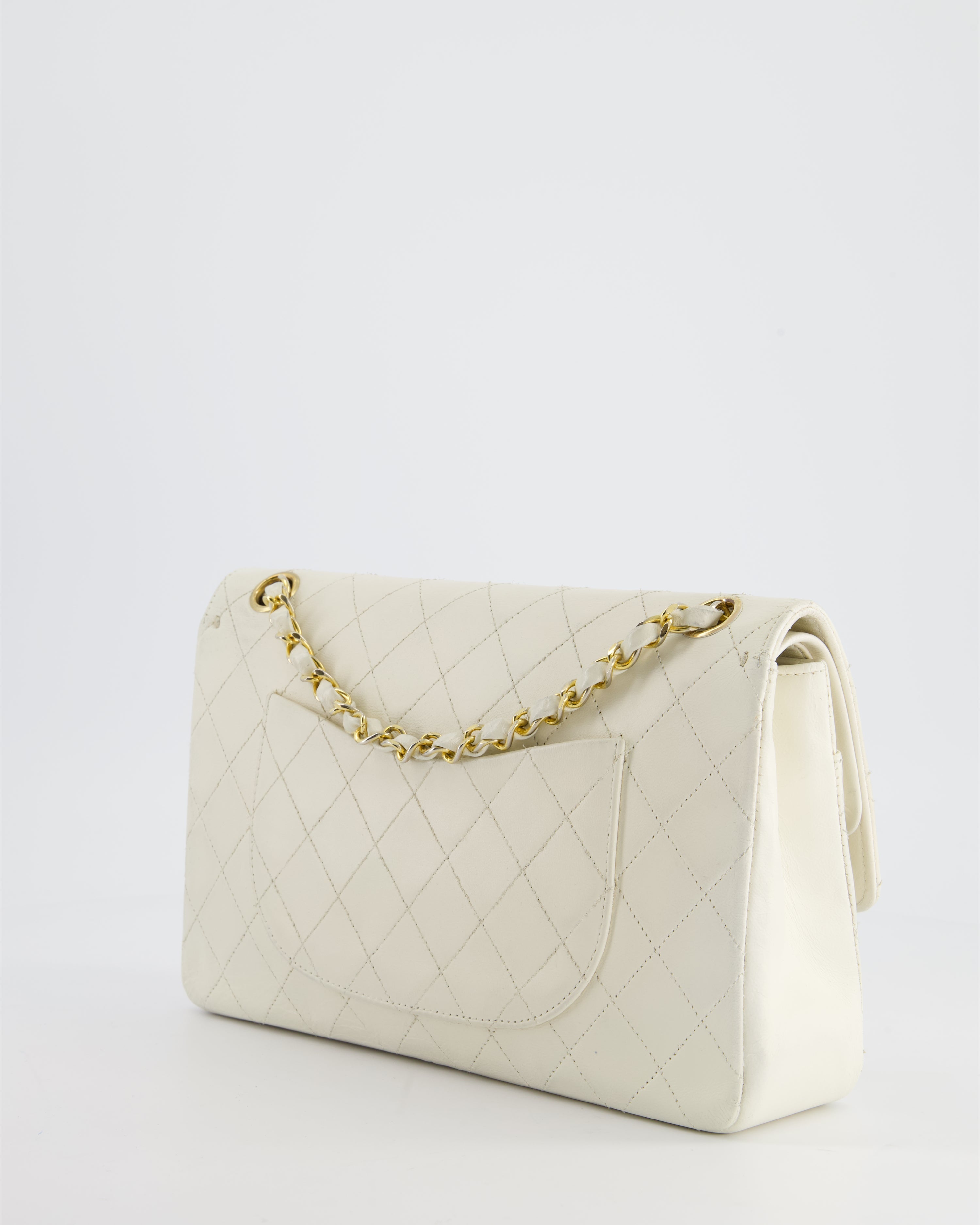 Chanel Vintage White Stitched Edge Classic Double Flap Bag with 24K Gold Hardware