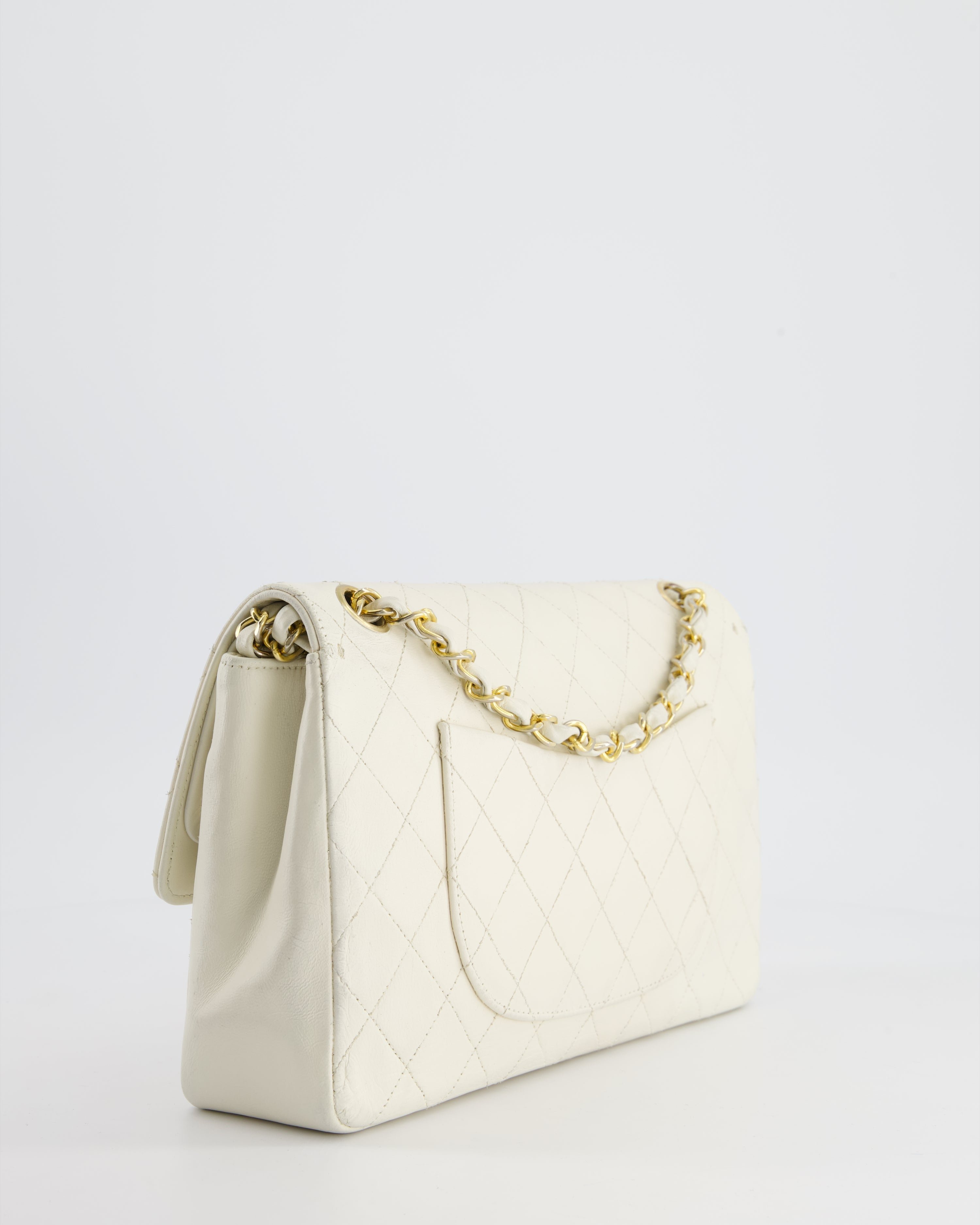 Chanel Vintage White Stitched Edge Classic Double Flap Bag with 24K Gold Hardware