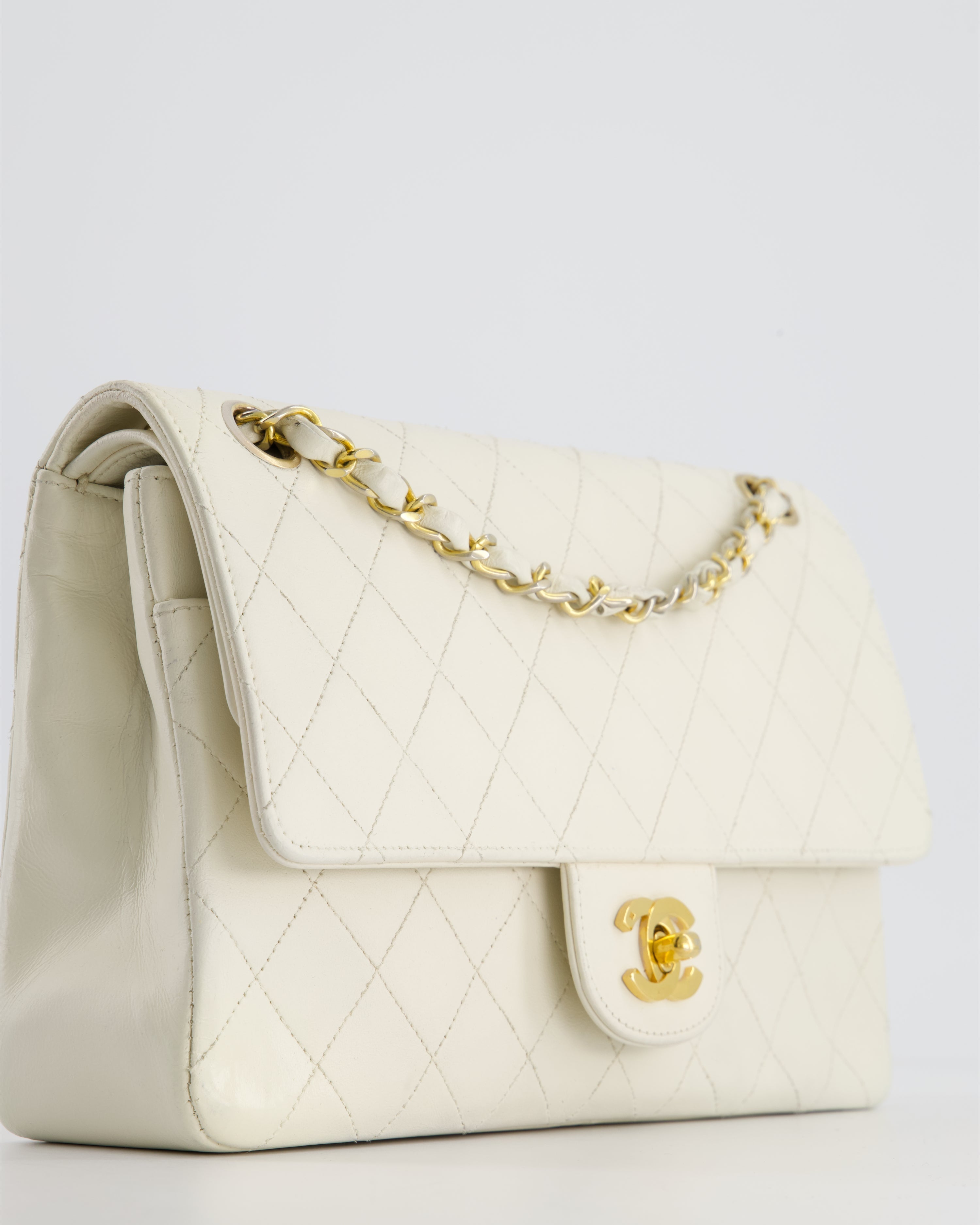 Chanel Vintage White Stitched Edge Classic Double Flap Bag with 24K Gold Hardware
