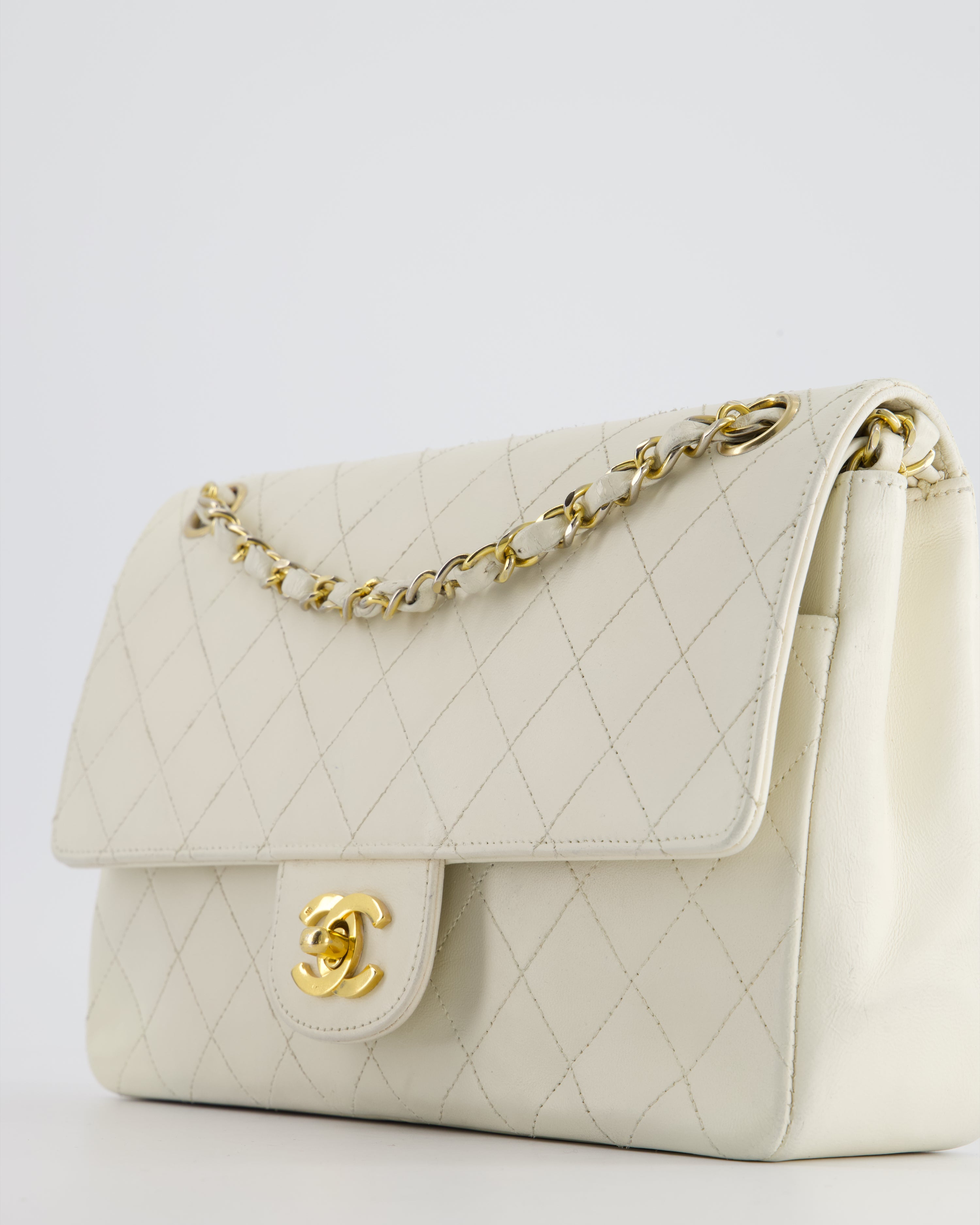 Chanel Vintage White Stitched Edge Classic Double Flap Bag with 24K Gold Hardware